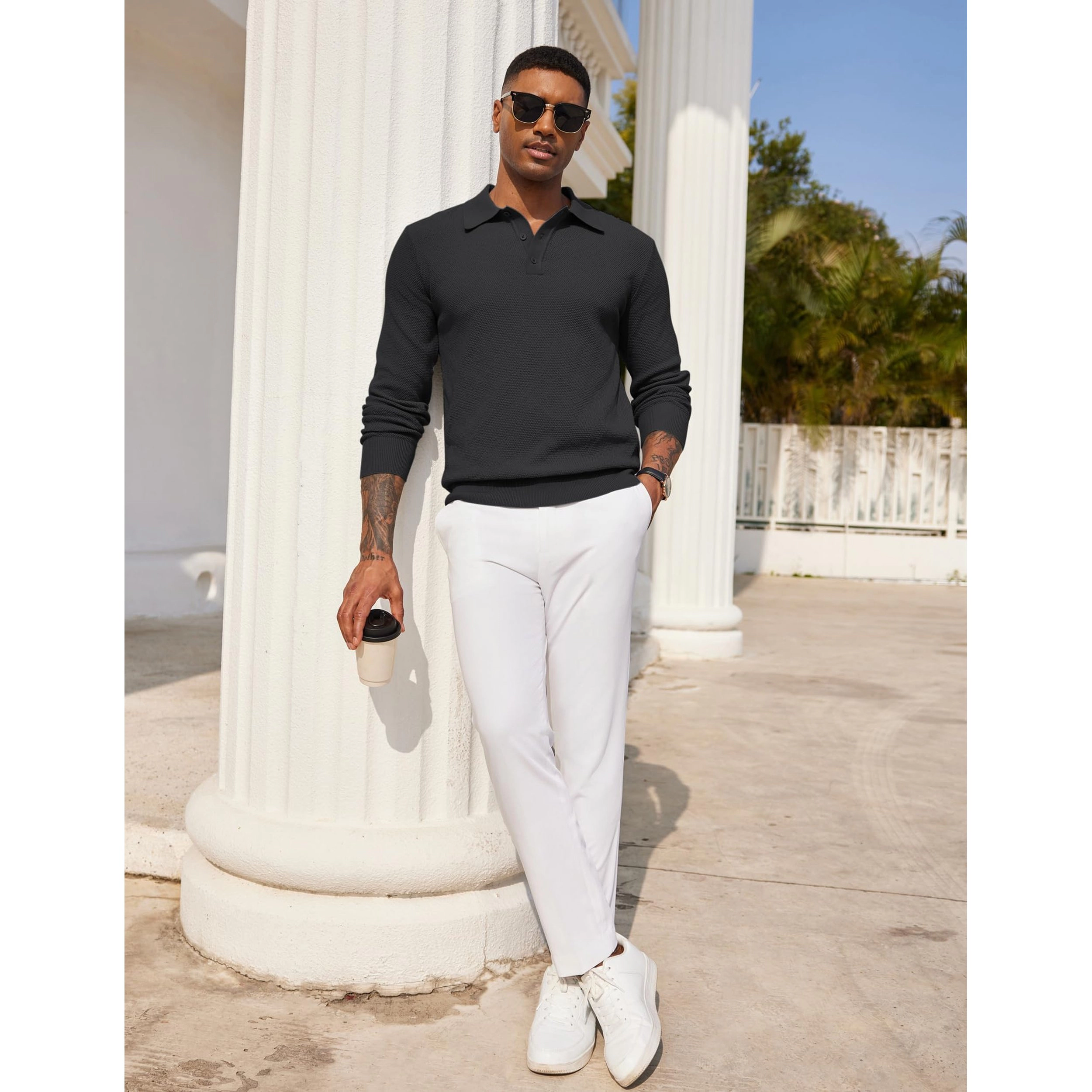 COOFANDY Casual Long Sleeve Polo Sweater Fall Henley Neck Button Pullover Tops