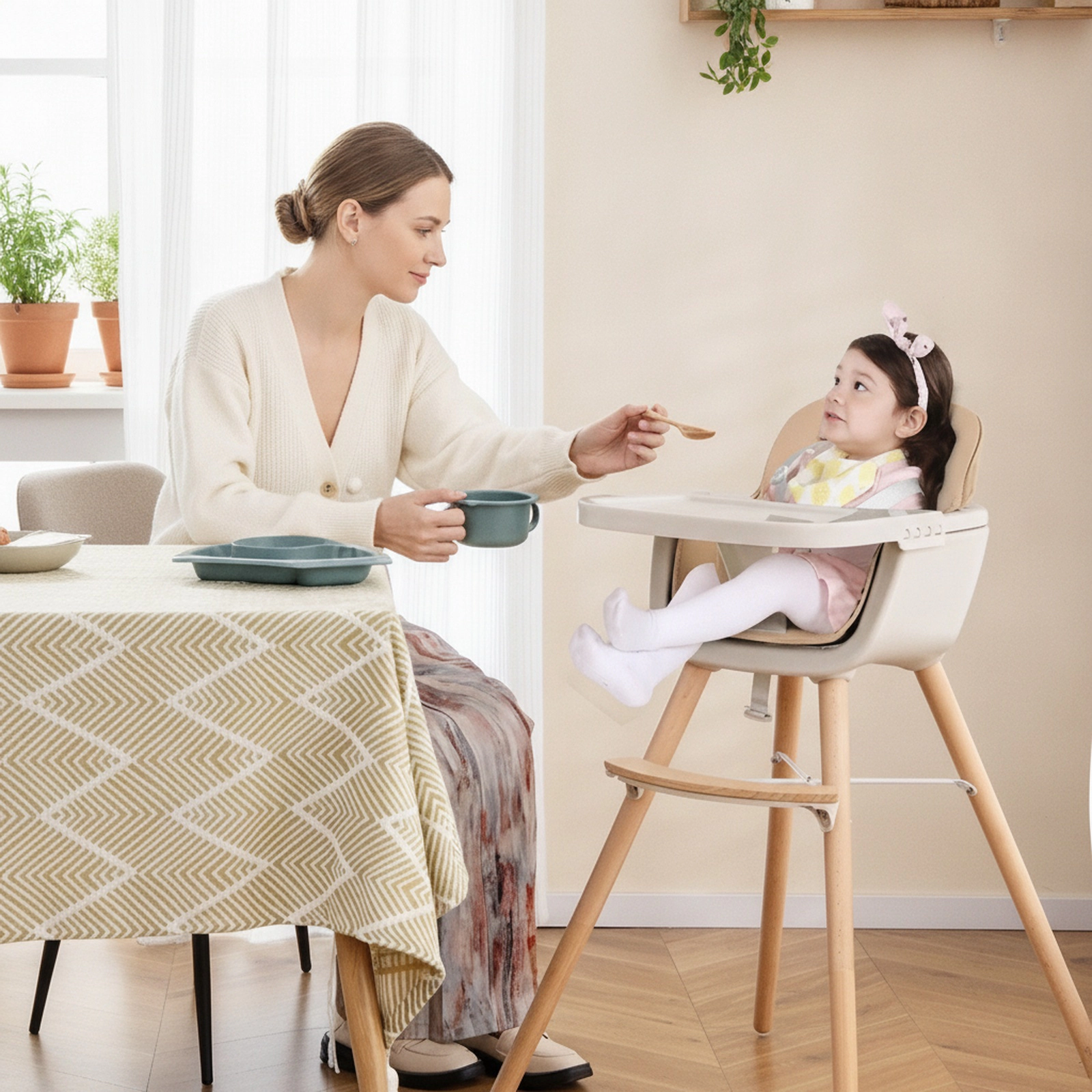 6-in-1 Convertible Wooden Highchair for Toddlers Adjustable Legs 3-Position Tray PU Leather Cushion Light Brown