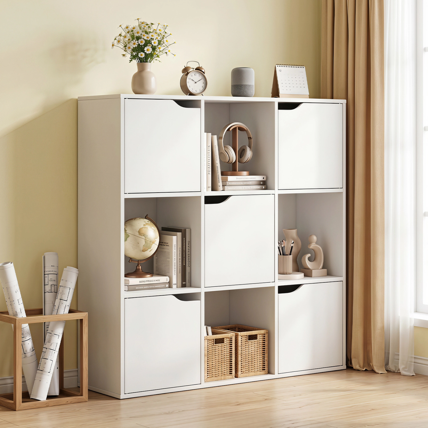 LJG Free Standing 9 Cube Storage Wood Divider Bookcase for Home and Office