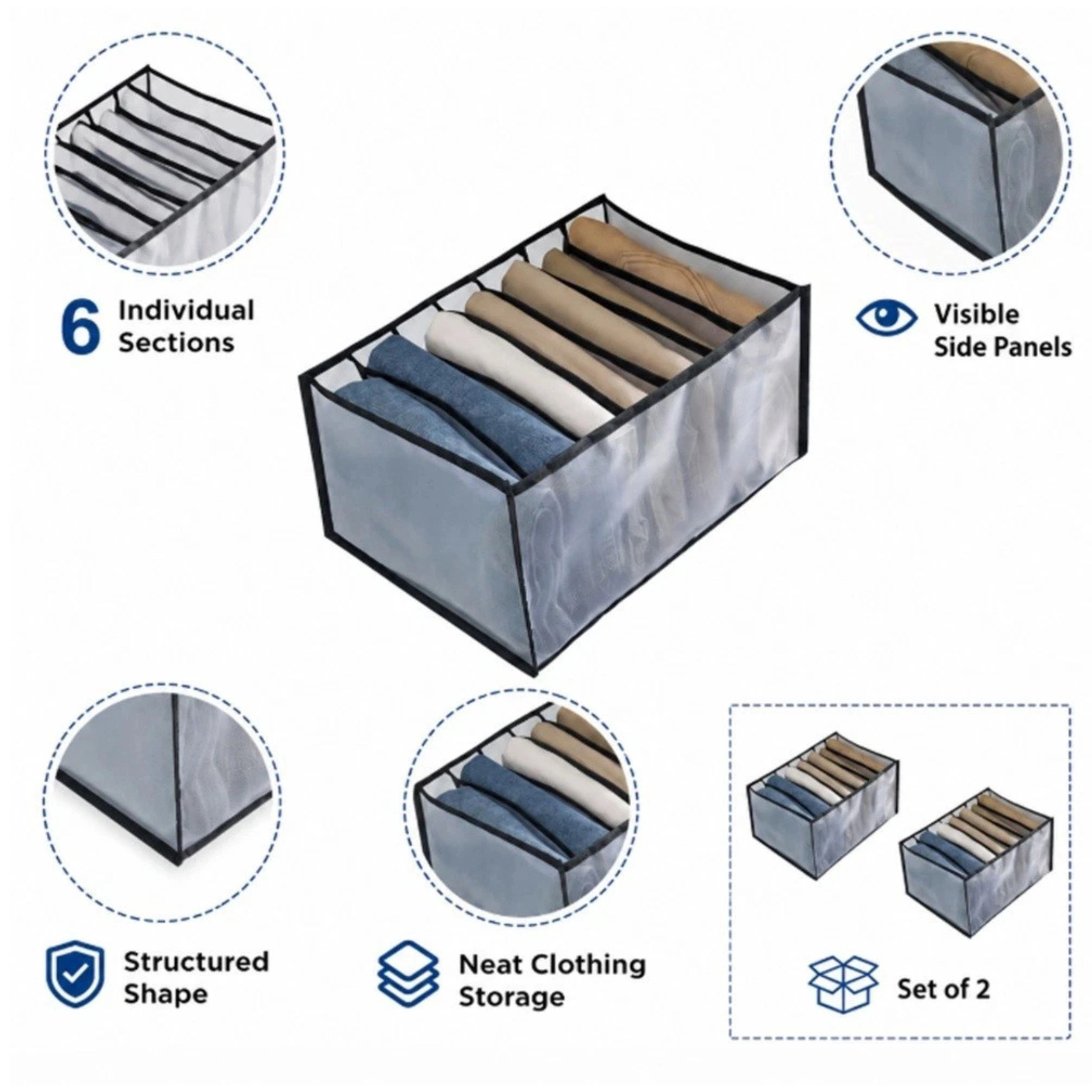 Home Collection Pack of 2 Foldable Drawer Organizer Bins for Clothes Storage