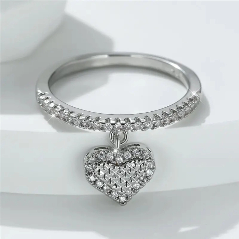 Dangling Heart Half-Pave Cubic Zirconia Band Statement Ring for Women