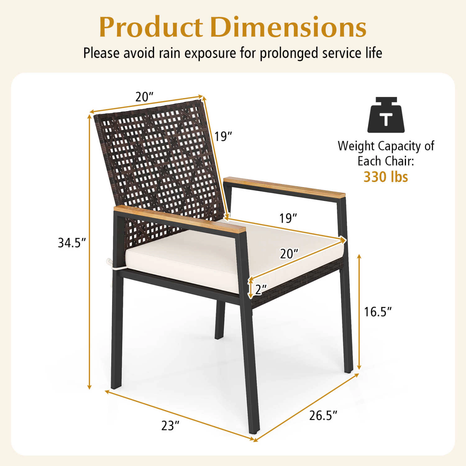 LJG Hand-Woven PE Patio Dining Chairs Set of 4 with Acacia Wood Armrests for Yard