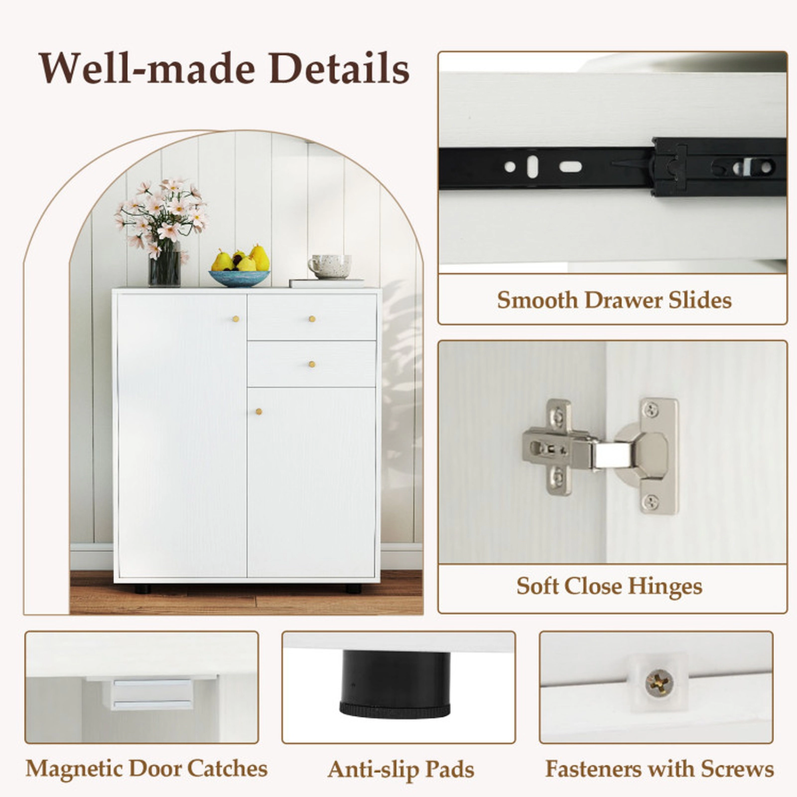 SUGIFT 29-in White Sideboard Buffet Coffee Bar Cabinet with 2 Drawers 2 Doors and 3 Adjustable Shelves