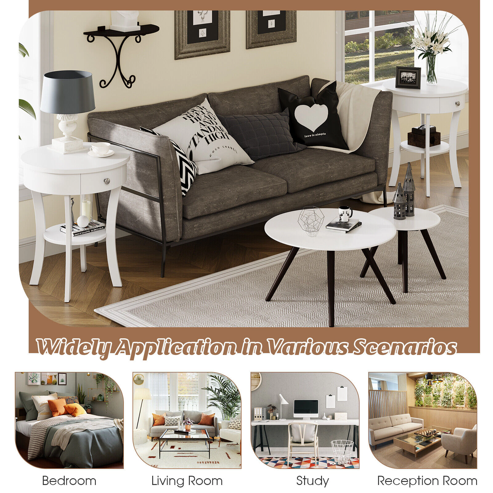 Glintex Round 2-Tier End Table with Open Drawer and Rubber Wood Legs