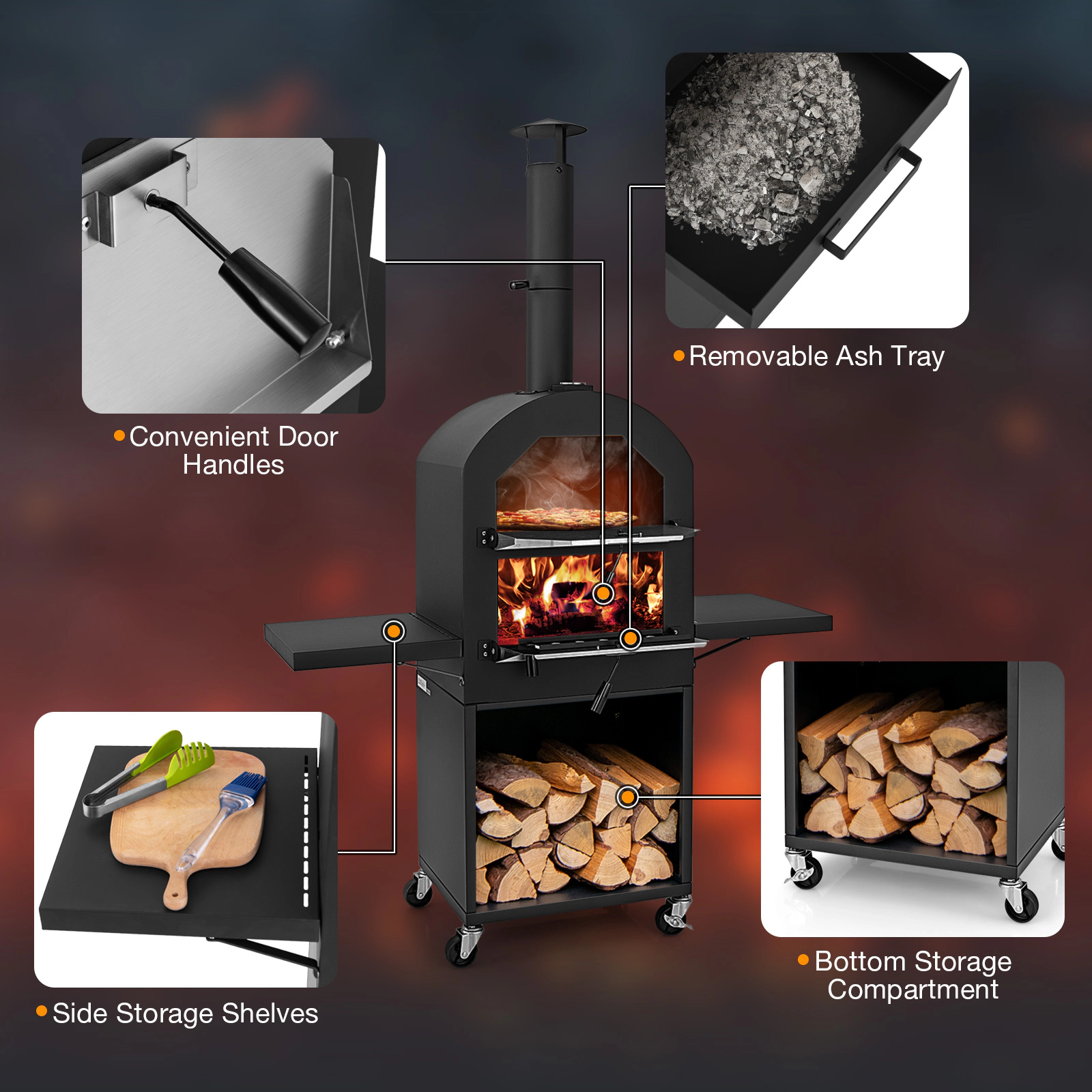 SUGIFT Outdoor Pizza Oven Grill Racks Built-in Thermometer 12 x 12-in Cordierite Stone 750 F Max 67-in Tall Black
