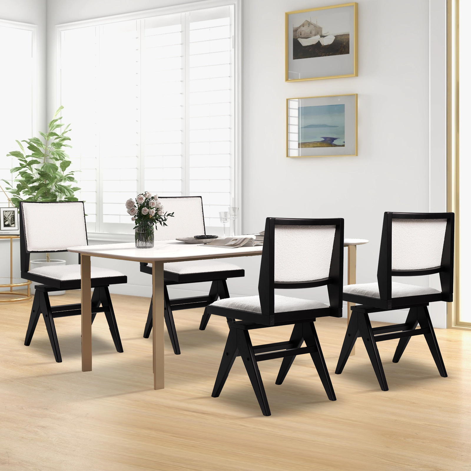SUGIFT Swivel Wooden Dining Chair 265-Lb Capacity Black and White Faux Sherpa Seat