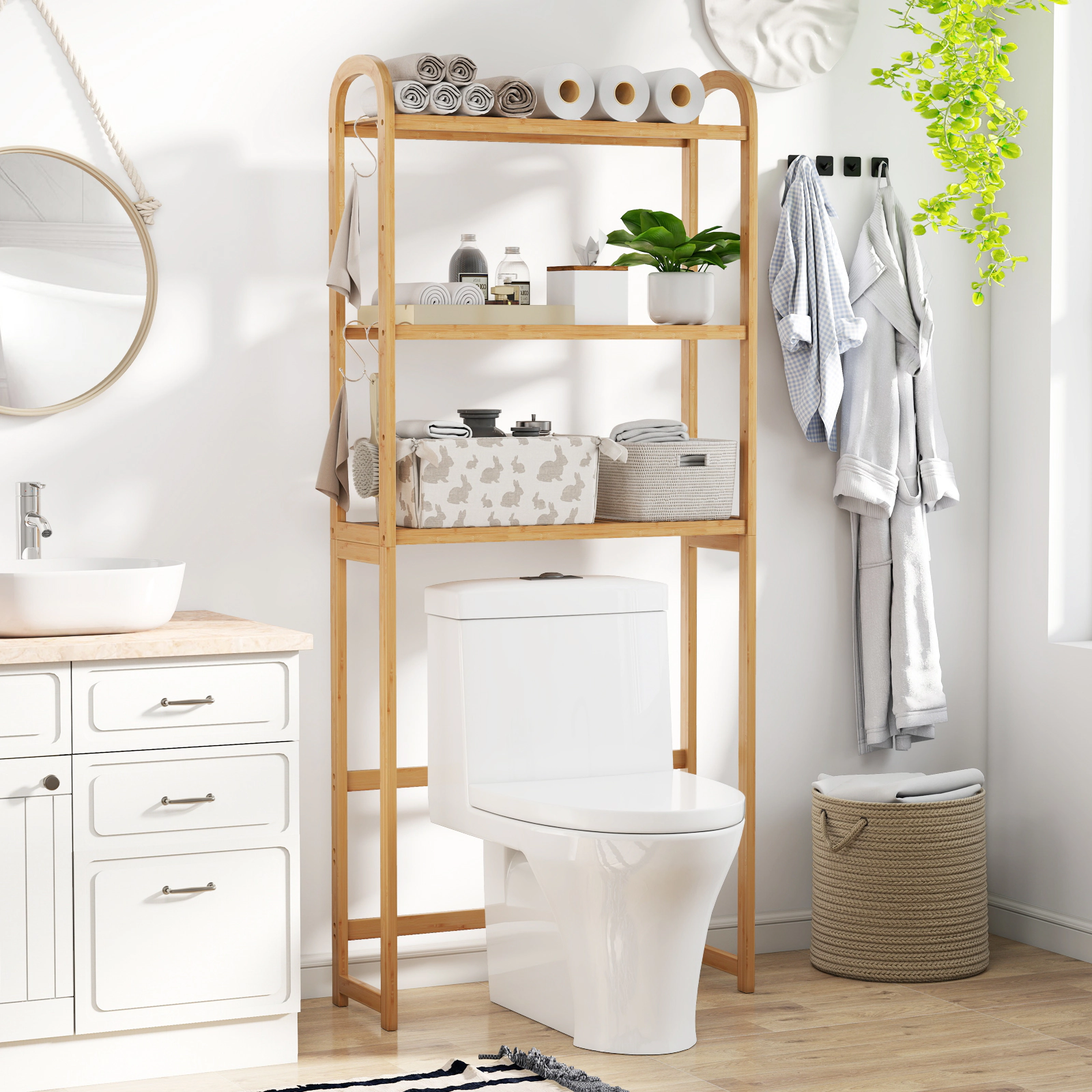 SUGIFT 3-Tier Over-The-Toilet Storage Shelf 5-Position Shelves, 3 Hooks & Adjustable Bottom Bar 132-lb Capacity Natural