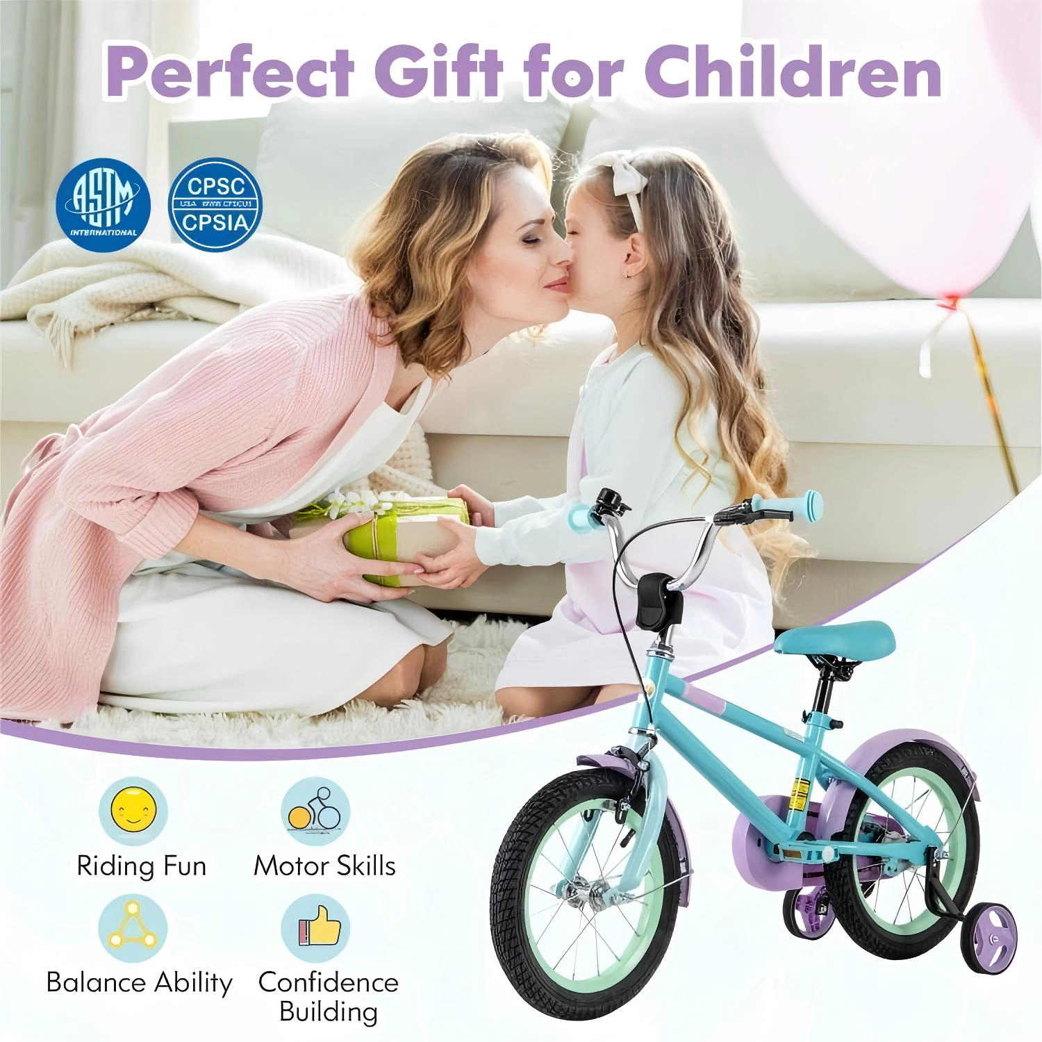 SUGIFT 14-Inch Kids Bike, Adjustable Saddle and Handlebars, Dual Brakes, Training Wheels, Blue and Purple