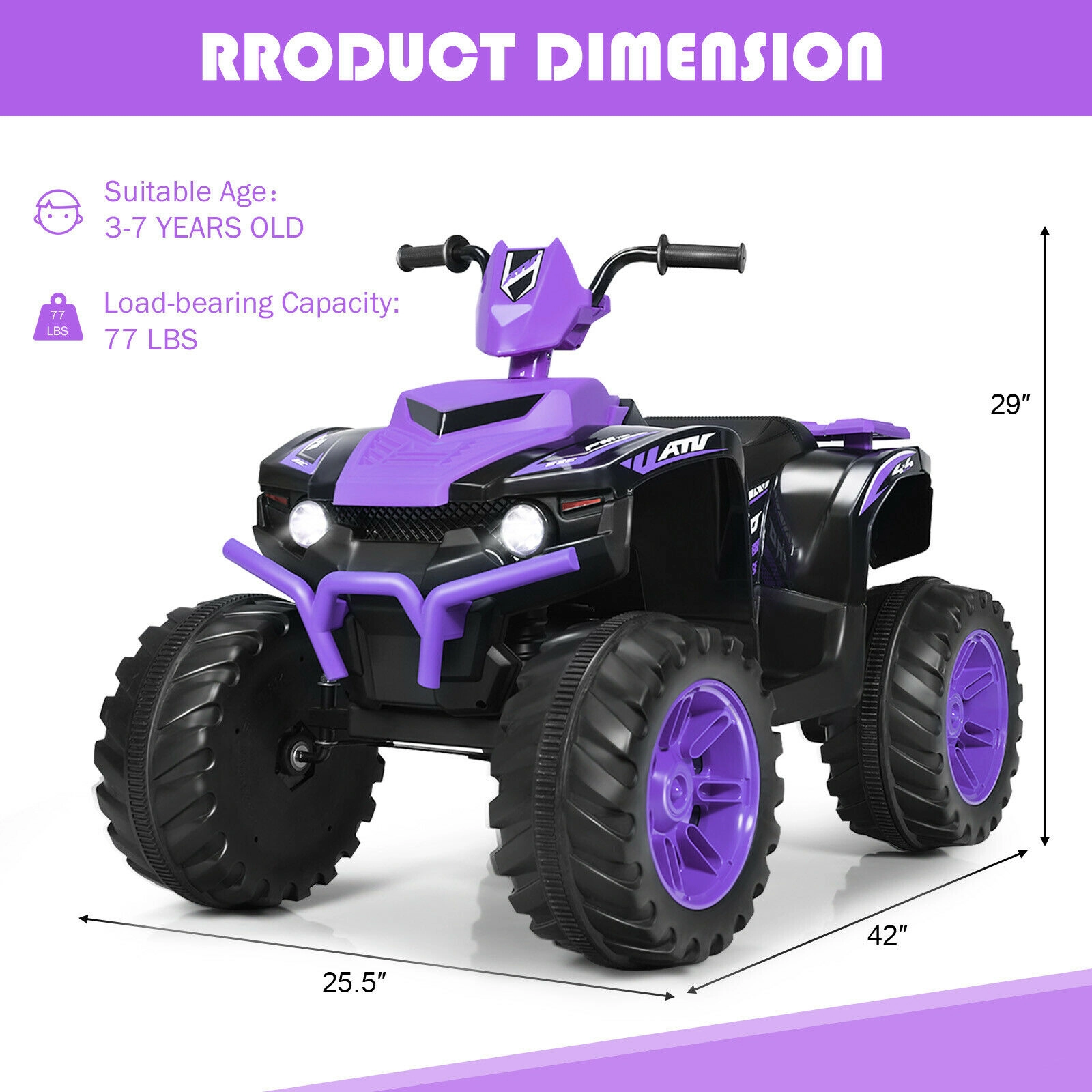 12V Kids ATV Quad 4-Wheeler Ride on Car LED Headlights High Low Speed Forward/Reverse Ages 3-7 77-lb Capacity