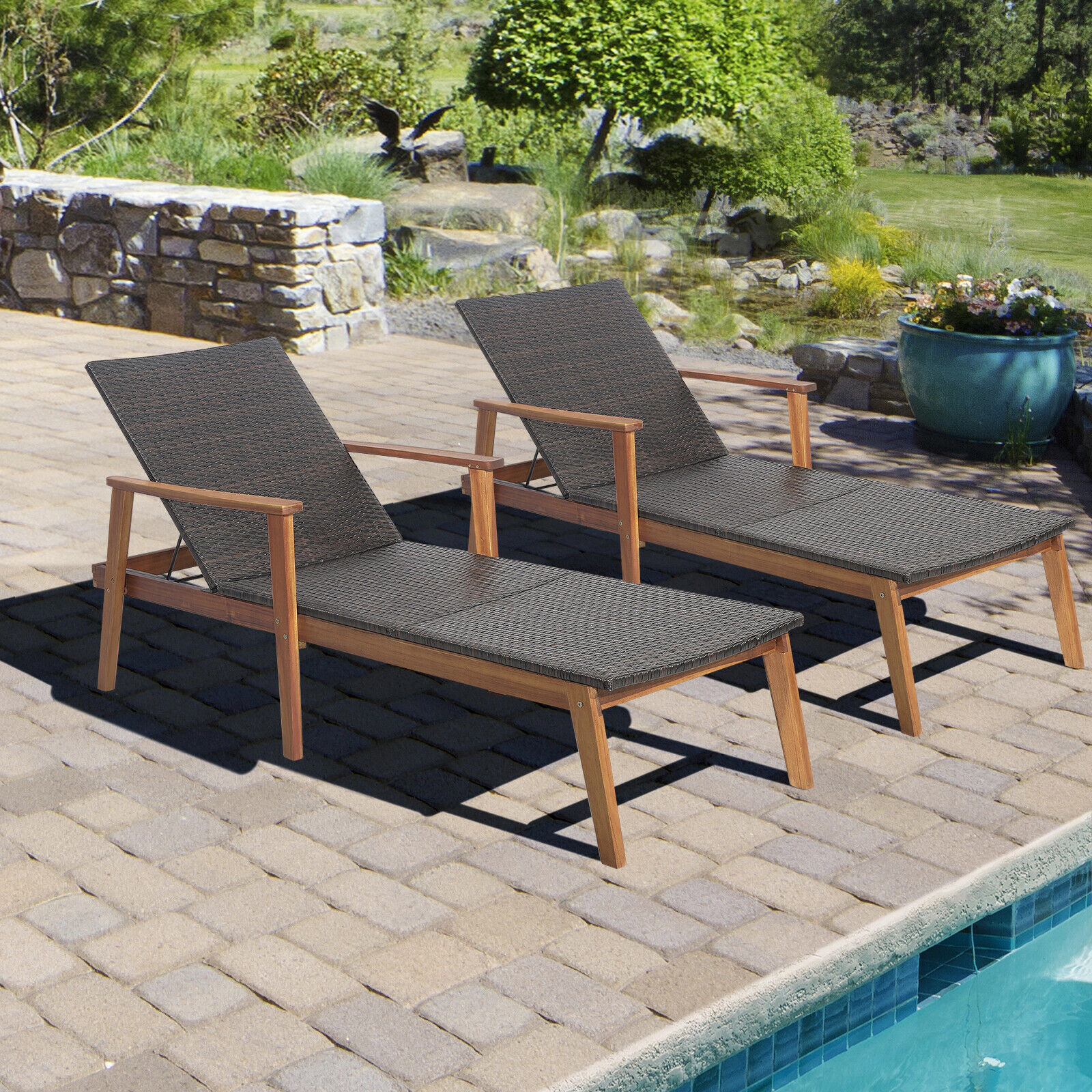 SUGIFT Patio Chaise Lounge, Adjustable Backrest, Acacia Wood Frame, Mixed Brown PE Wicker
