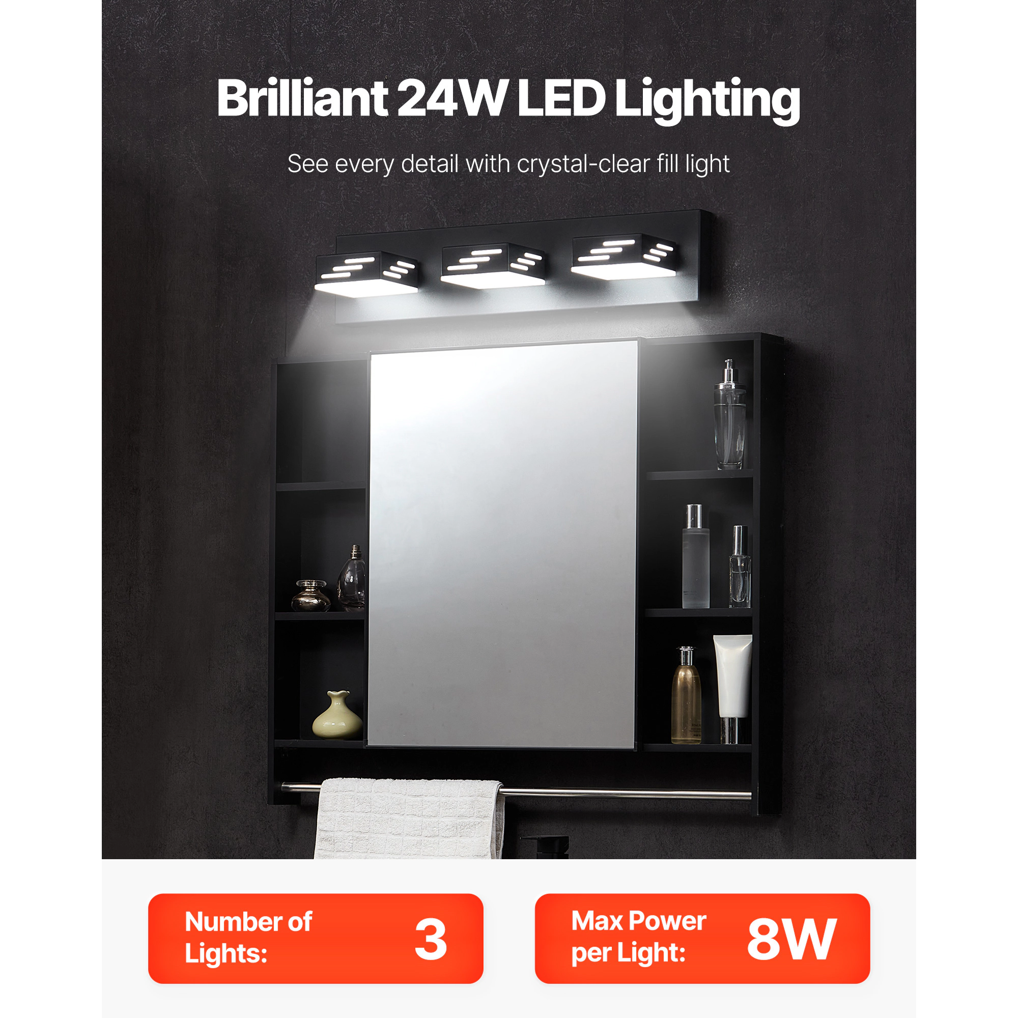 HONGGE LED Modern Vanity Light Fixture Over Mirror, with IP44 Waterproof, 6000K, Wall Lighting for Bathroom, Living Room