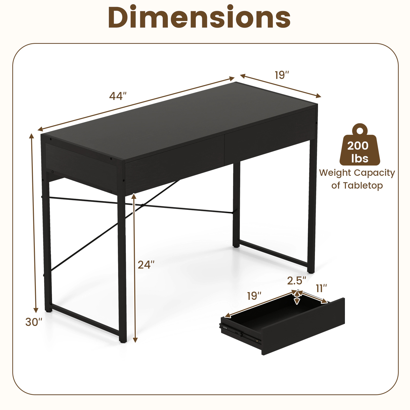 SUGIFT 44 in Home Office Desk Black with 2 Drawers and Steel Frame