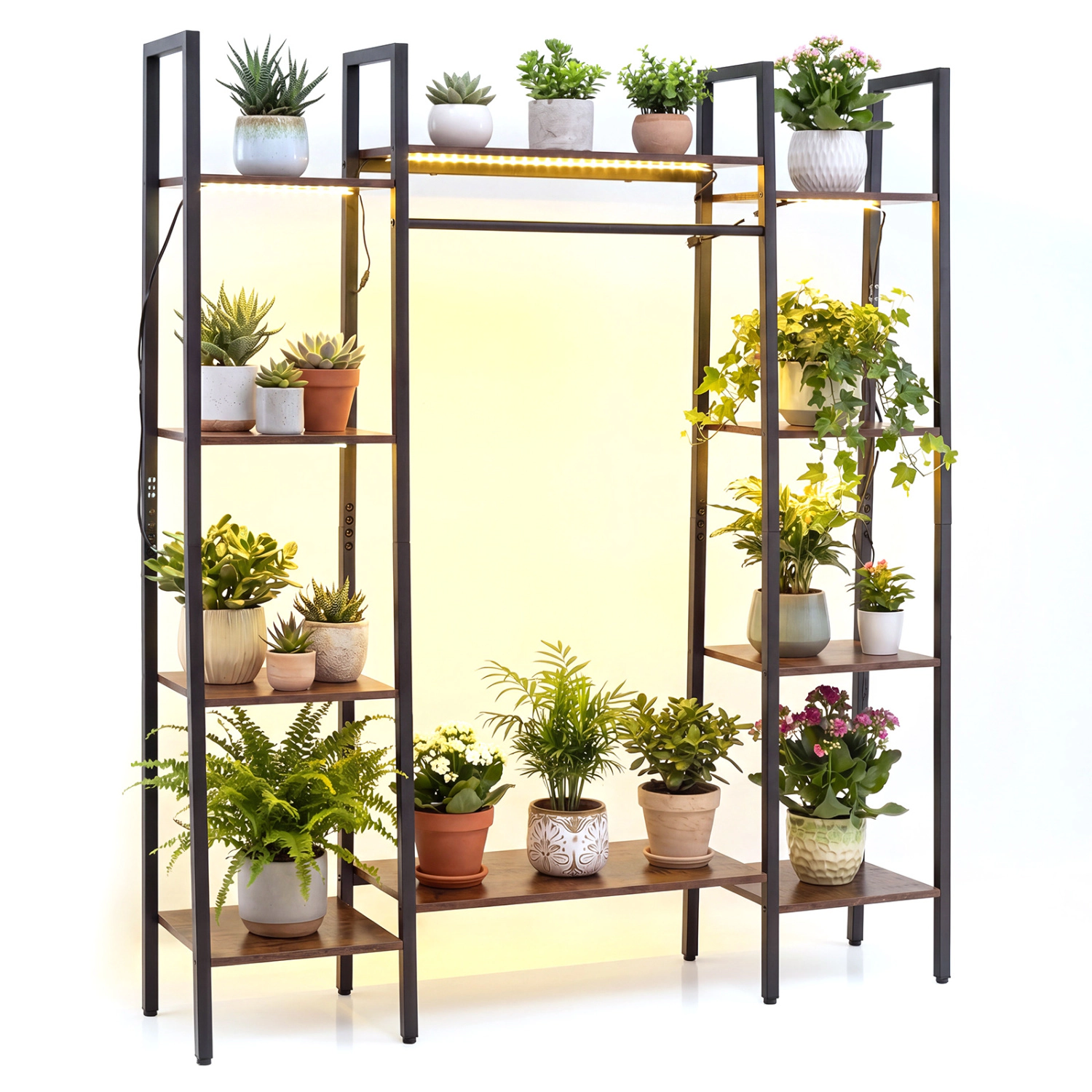 LJG 55.5 Inch Tall Plant Stand 10-Tier Plant Rack with 16 Colors LED Strip Lights