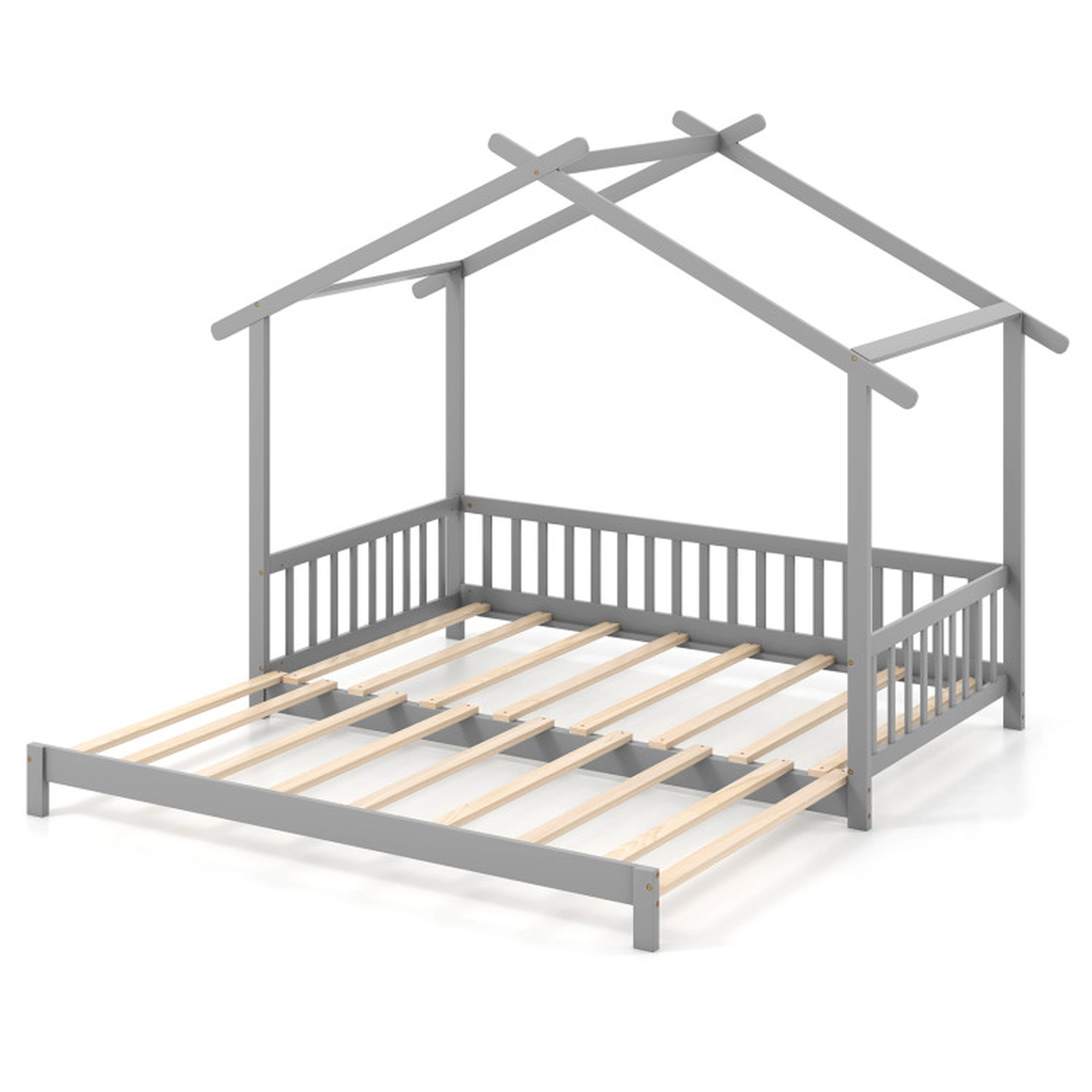 SUGIFT Extendable House Twin to King Daybed with Roof and Fence Rails 330-lb Capacity Gray
