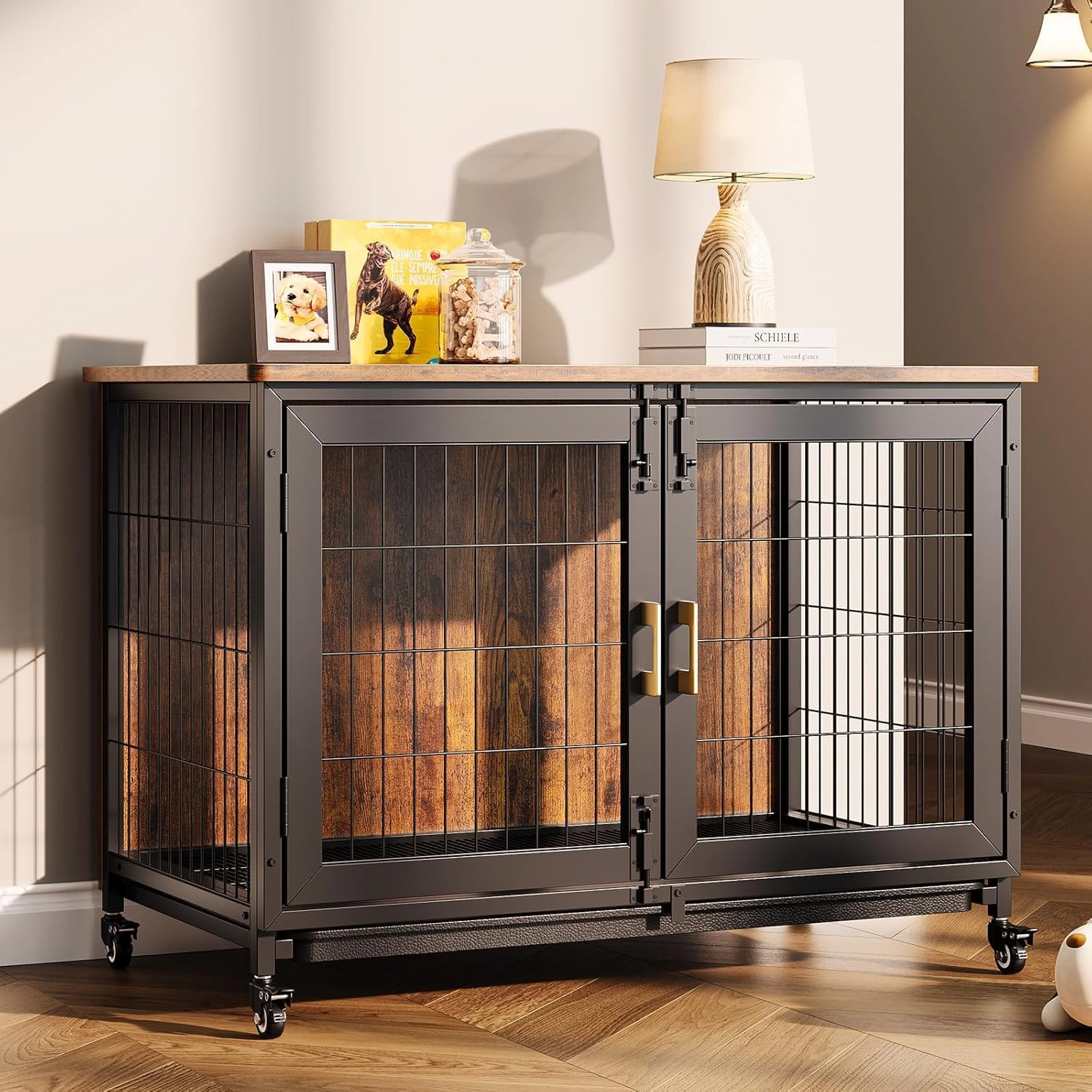 37.5 Inch Ironwood Dog Crate, Indoor Pet Kennel with Lockable Wheels & Removable Tray
