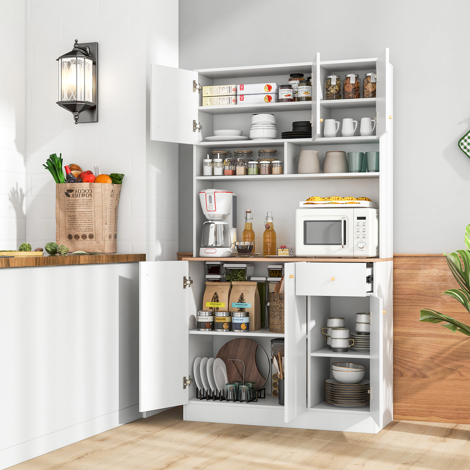 SUGIFT 71-in Tall 330-lb Countertop White Pantry Cabinet with 2 AC Outlets 2 USB Ports and Adjustable Shelves