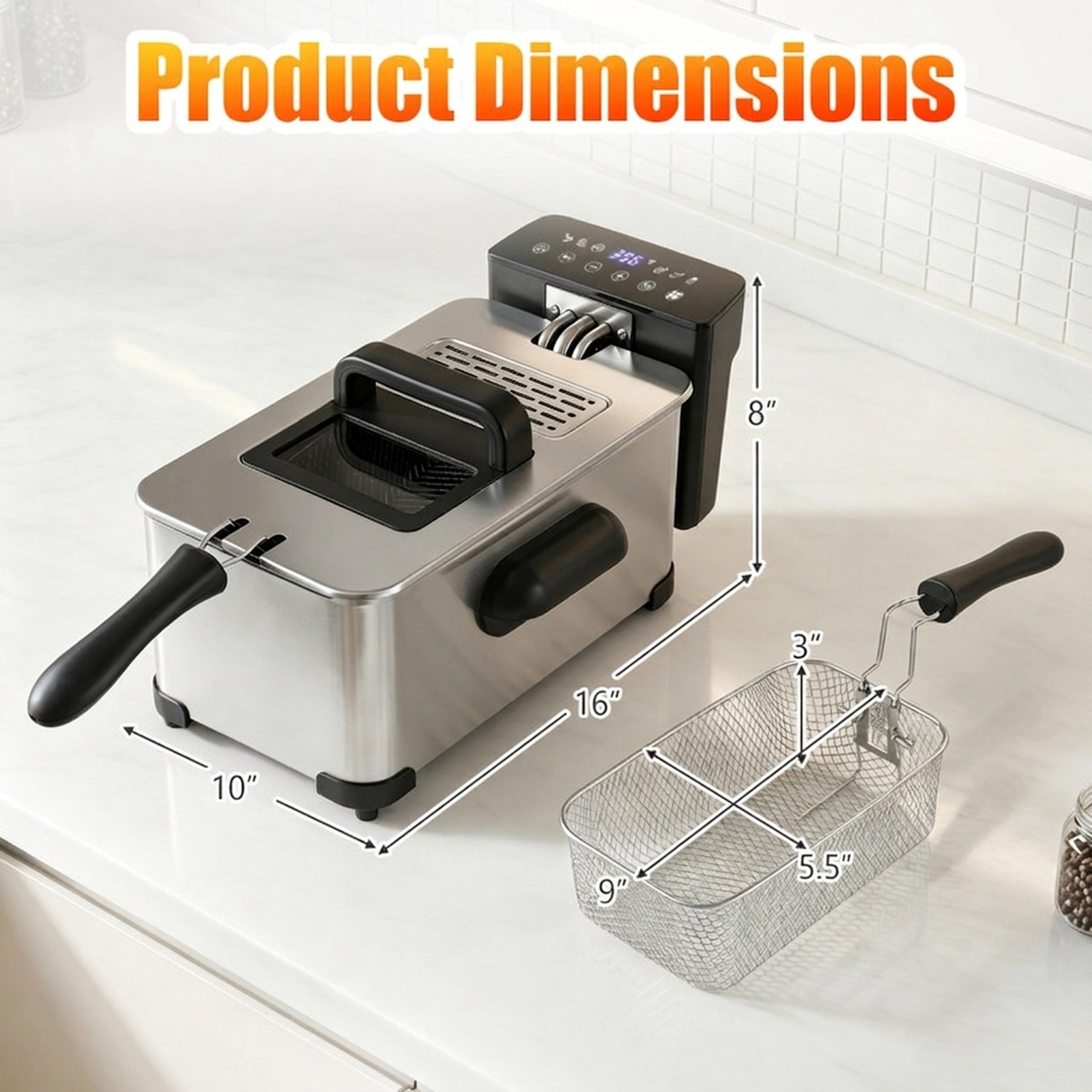SUGIFT LED Touch Screen Electric Deep Fryer 3.2-qt Enamel Oil Tank 1700W 6 Presets 212-374 F Thermostat Silver/Black