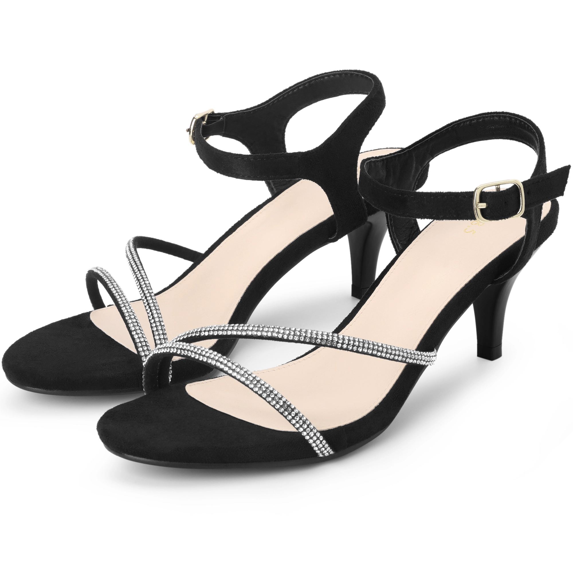 BLISSFUL STEP Women's Ankle Strap Rhinestones Kitten Low Heel Sandals