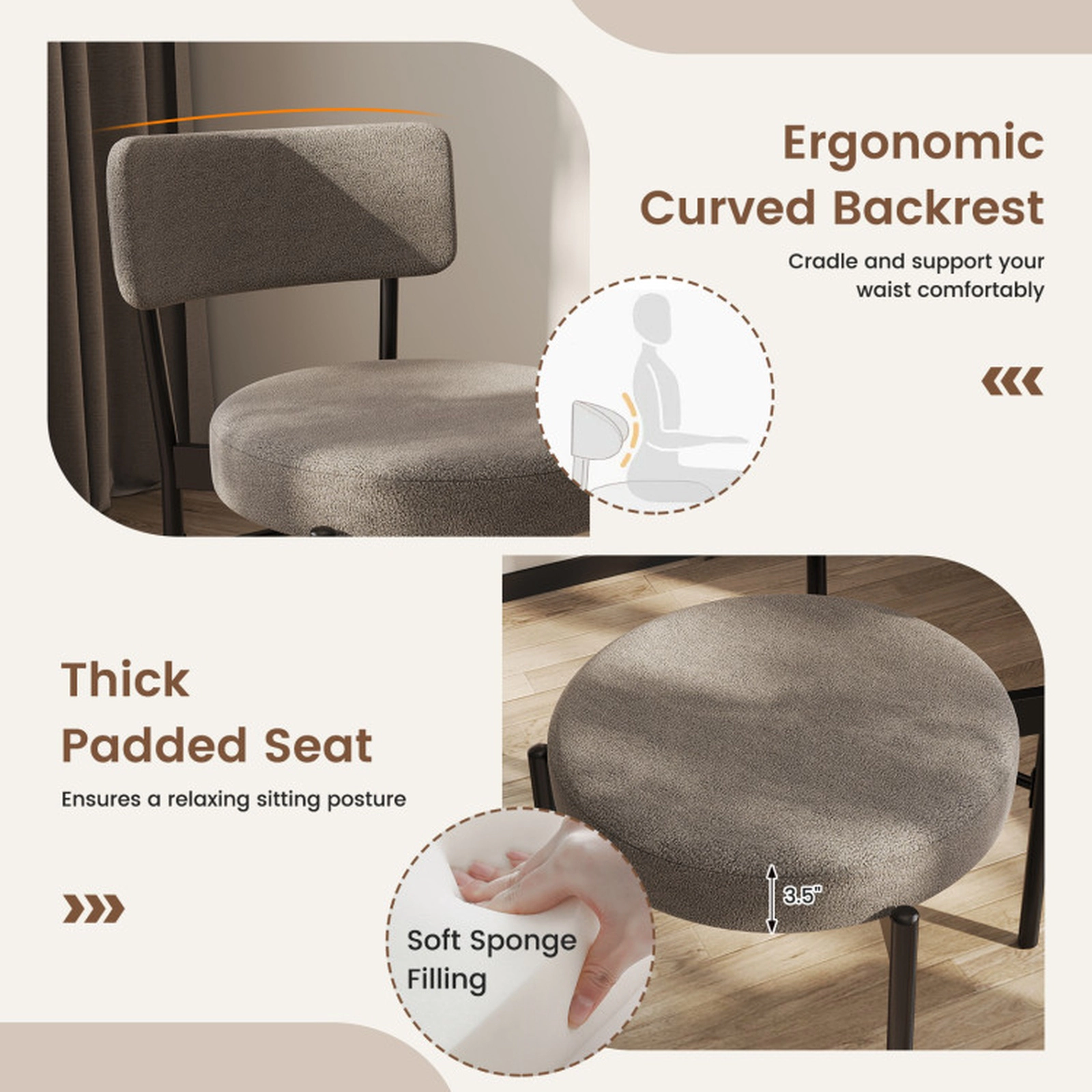 SUGIFT Set of 2 400-lb Capacity Gray Sherpa Upholstered Dining Chairs with Curved Backrest and Metal Legs