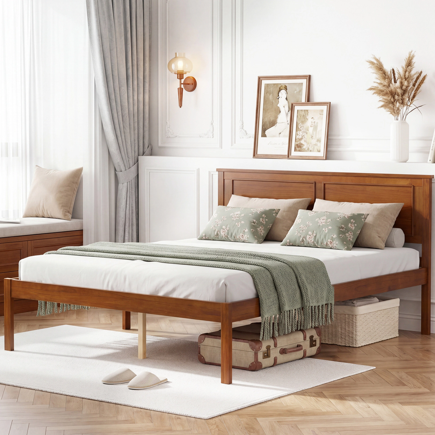 LJG Full/Queen/Twin Bed Frame Farmhouse Wooden Platform with Headboard