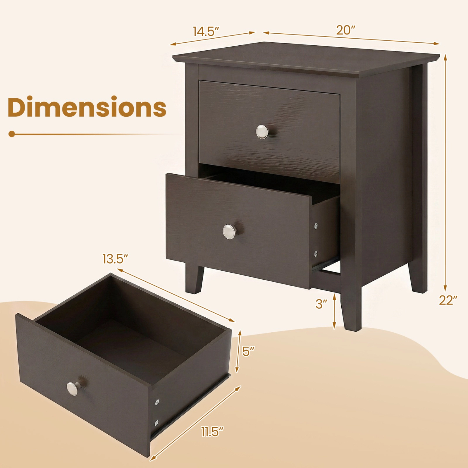 SUGIFT Modern Nightstand with 2 Drawers for Small Spaces End Table 44-lb Tabletop Capacity Black Natural White