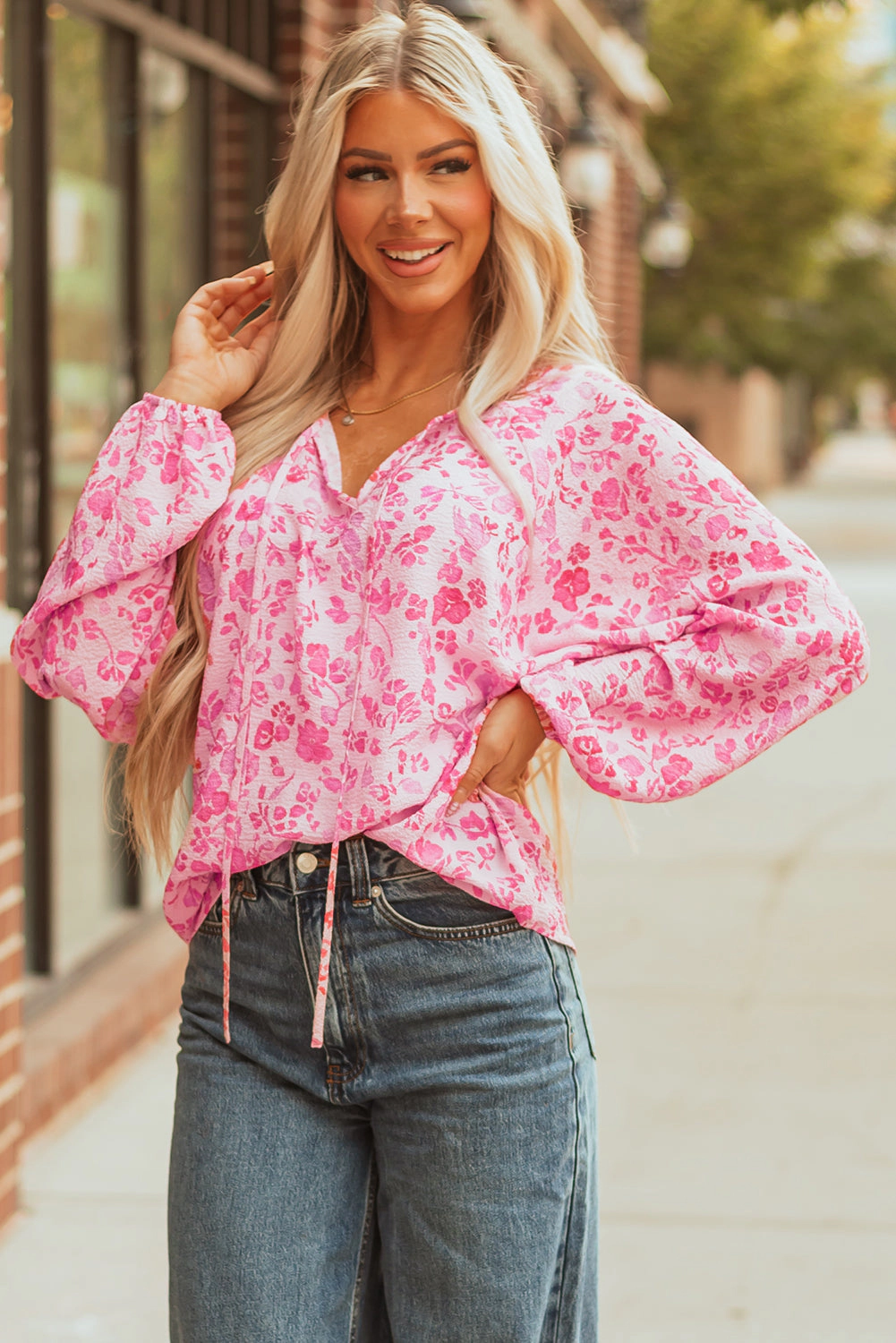 Threaded Pear Women's Adalyn Floral Puff Sleeve Lightweight Blouse