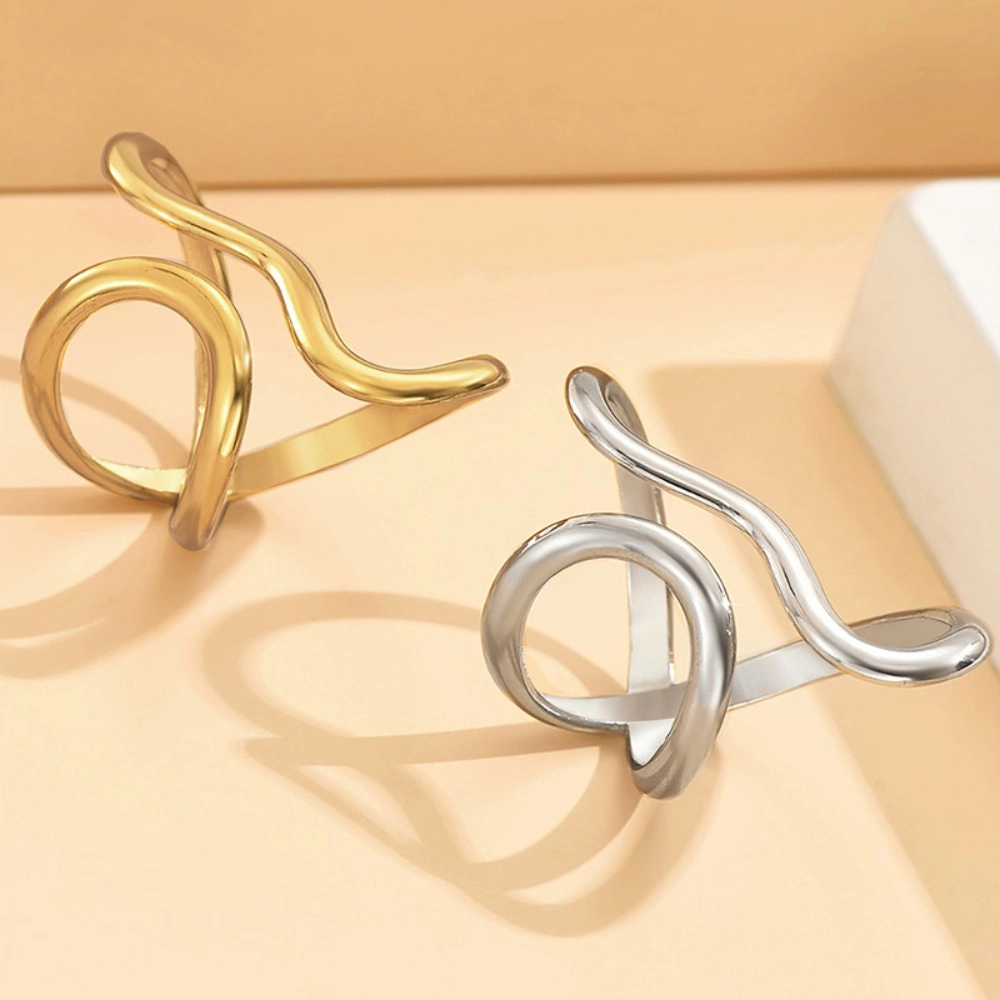 Double Band Wave Open Ring Minimalist Smooth Curved Adjustable Stacking for Women