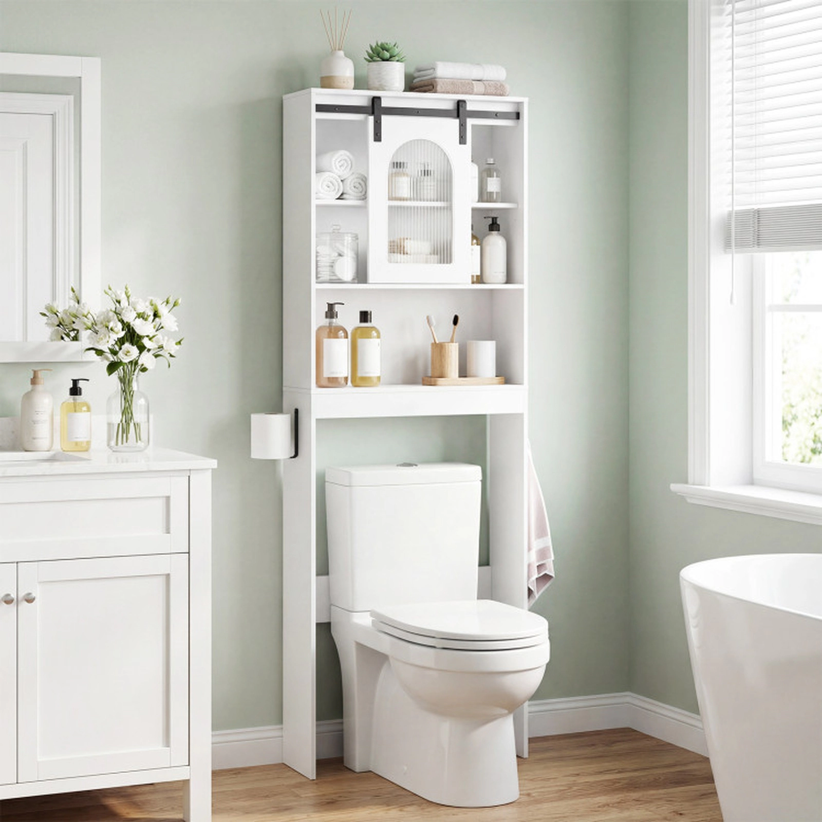 SUGIFT 67-in 44-lb Top Capacity White Over the Toilet Storage Cabinet with Sliding Barn Door and Hooks