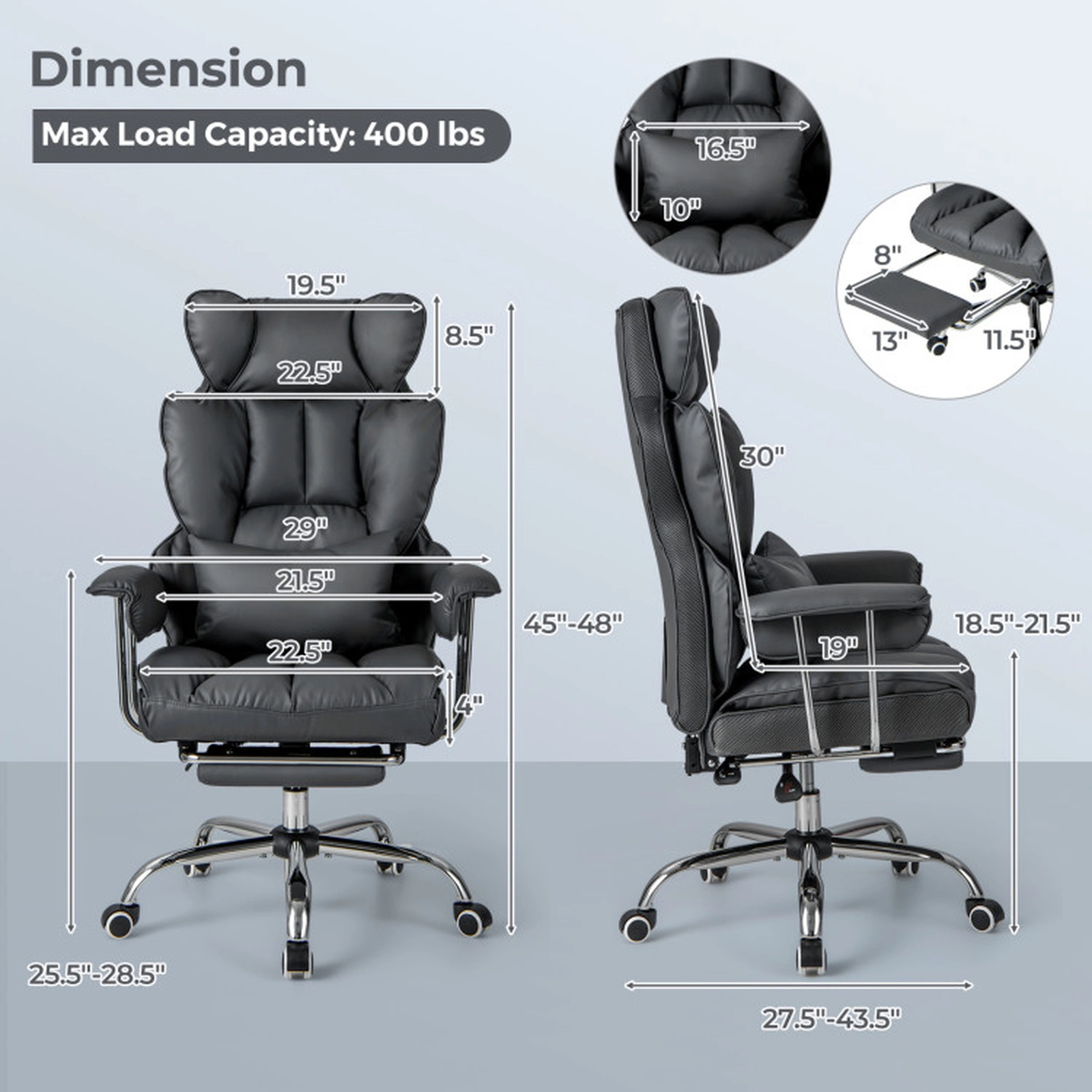 SUGIFT High Back Pocket Spring Retractable Footrest Executive Office Chair 29-in x 27.5-in x 45-in 400-lb Black