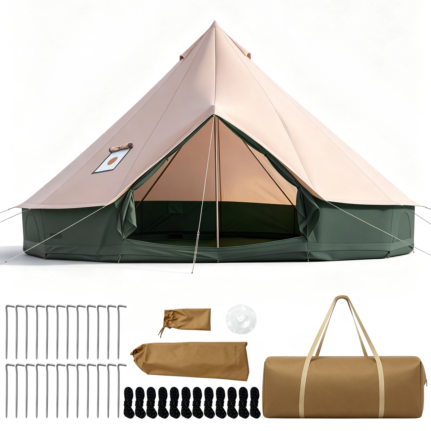 LJG Waterproof Bell Tent with Stove Jack Accommodates and Mesh Windows Doors in Green