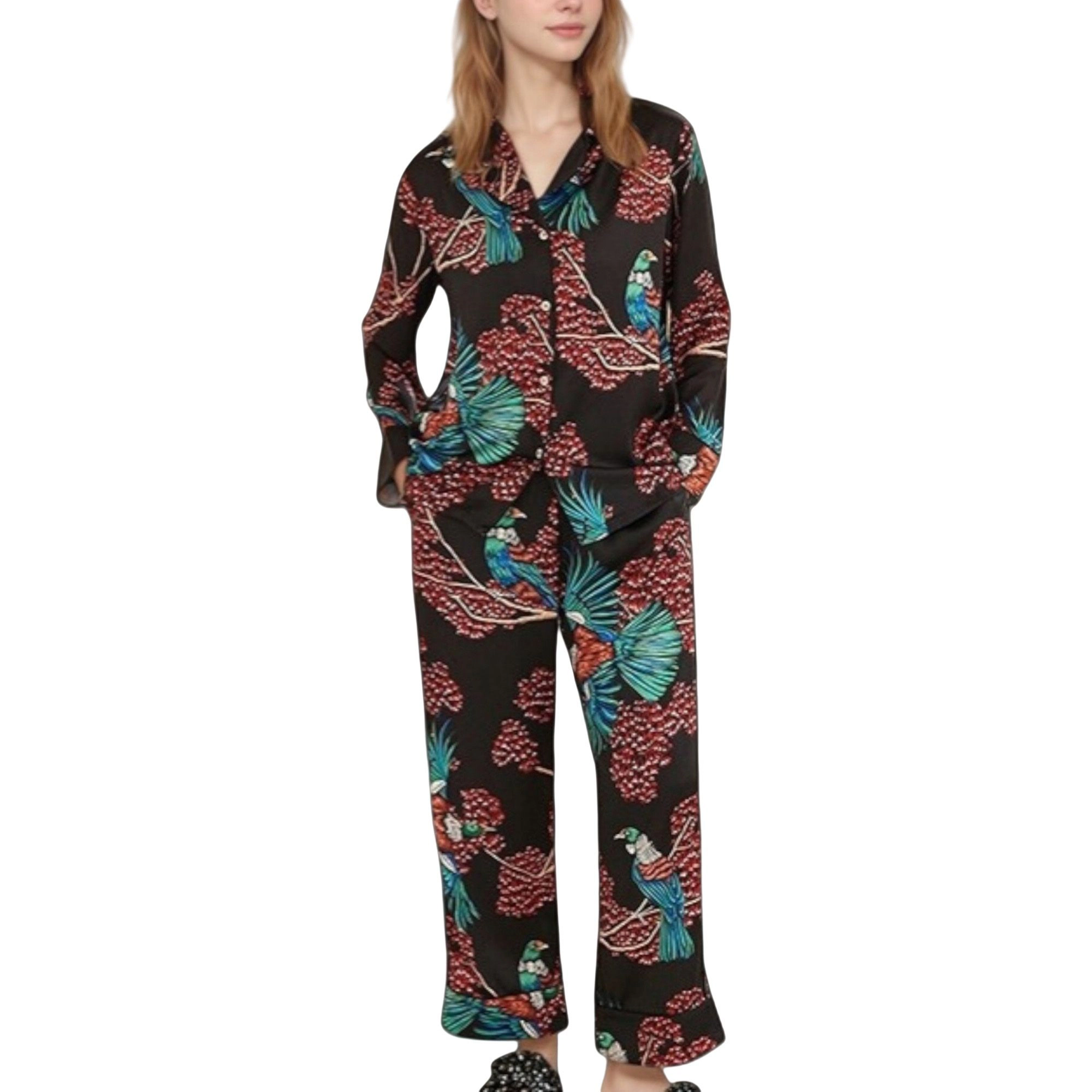 Anna-Kaci Women's Woven Two-Piece Pajama Set Tropical Bird and Botanical Print Long Sleeve Top Relaxed Fit Pants