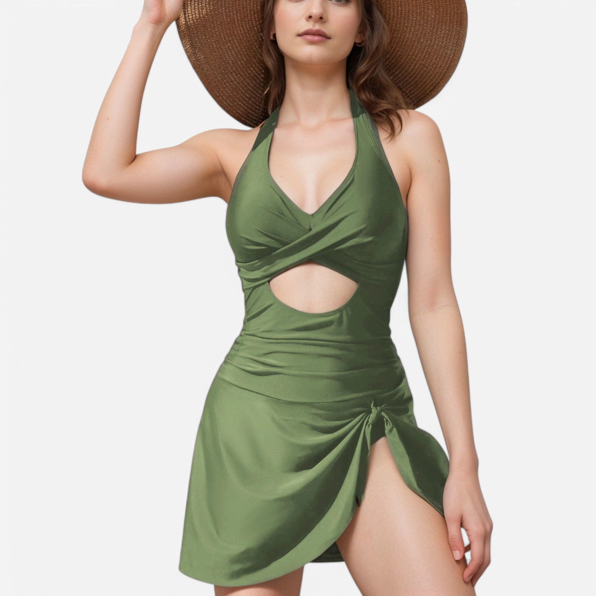 Anna-Kaci Women One-Piece Halter Swimsuit with Front Cutout and Attached Wrap Skirt