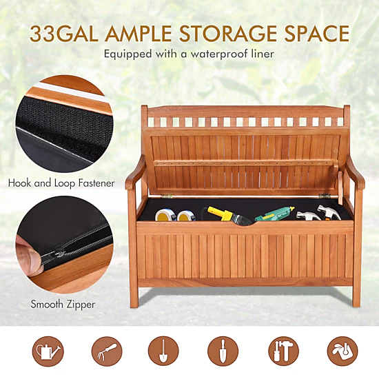 SUGIFT 33 Gallon Wooden Storage Bench Eucalyptus Deck Box with Liner for Patio and Porch