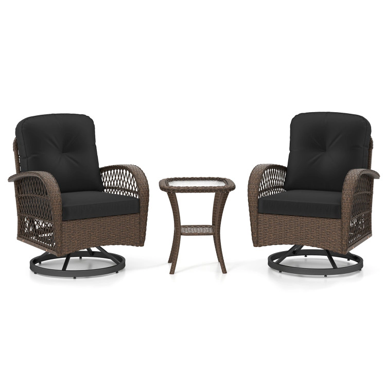 Hivvago 3 Piece Patio Swivel Rocker Set With Tempered Glass Side Table And Thick Cushions