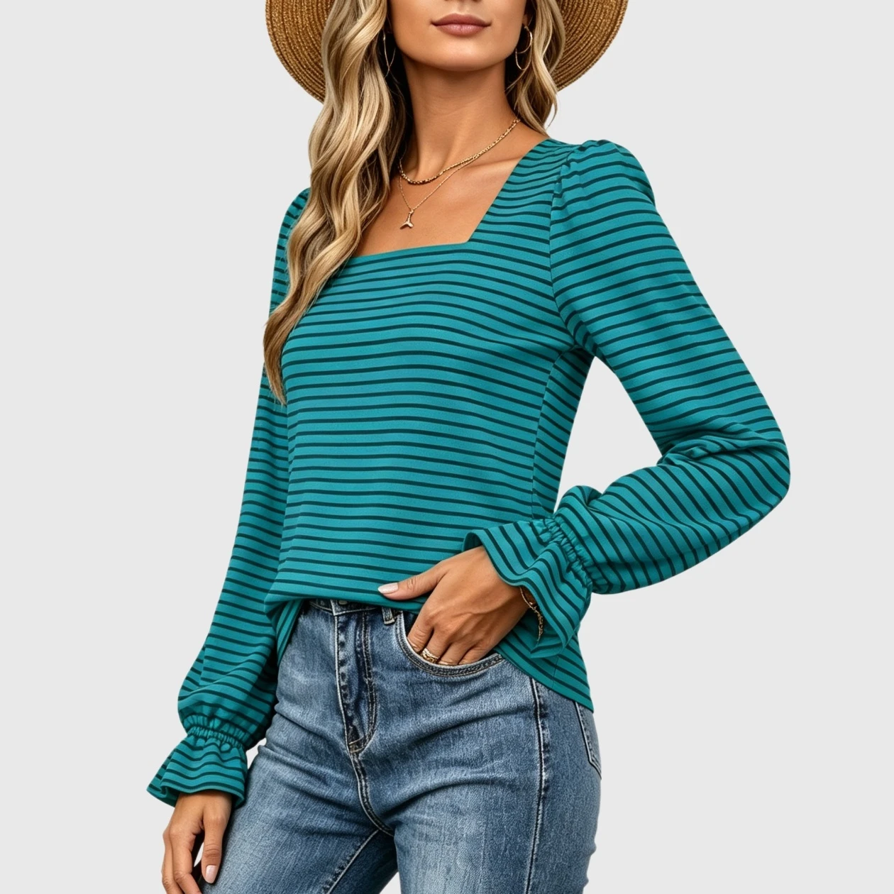 YesFashion Womens Striped Square Neck T Shirts Casual Stretchy Ruffle Long Sleeve Pullover Tops