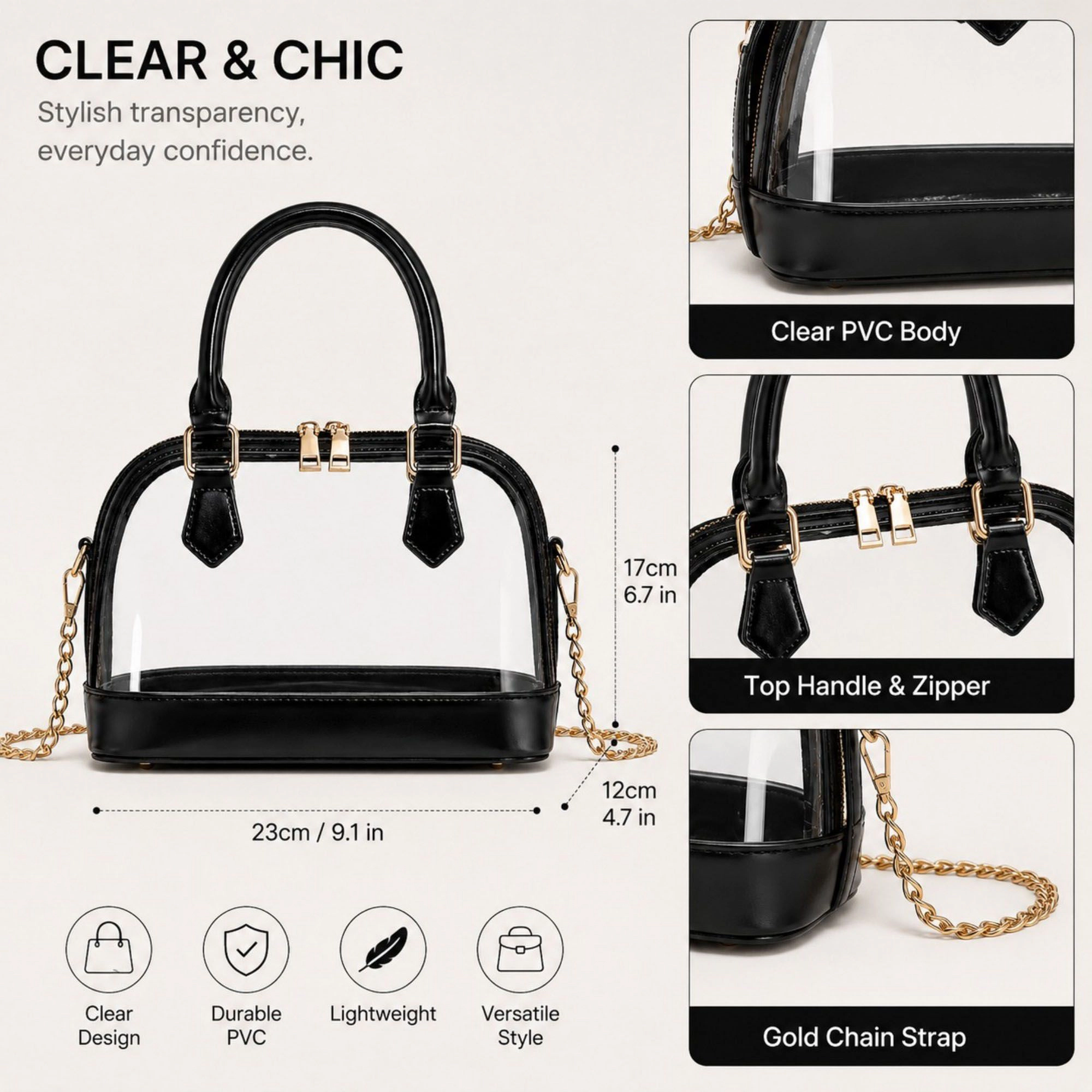 Alilang Women's Clear PVC Mini Satchel Bag with Zipper Top and Detachable Chain Strap
