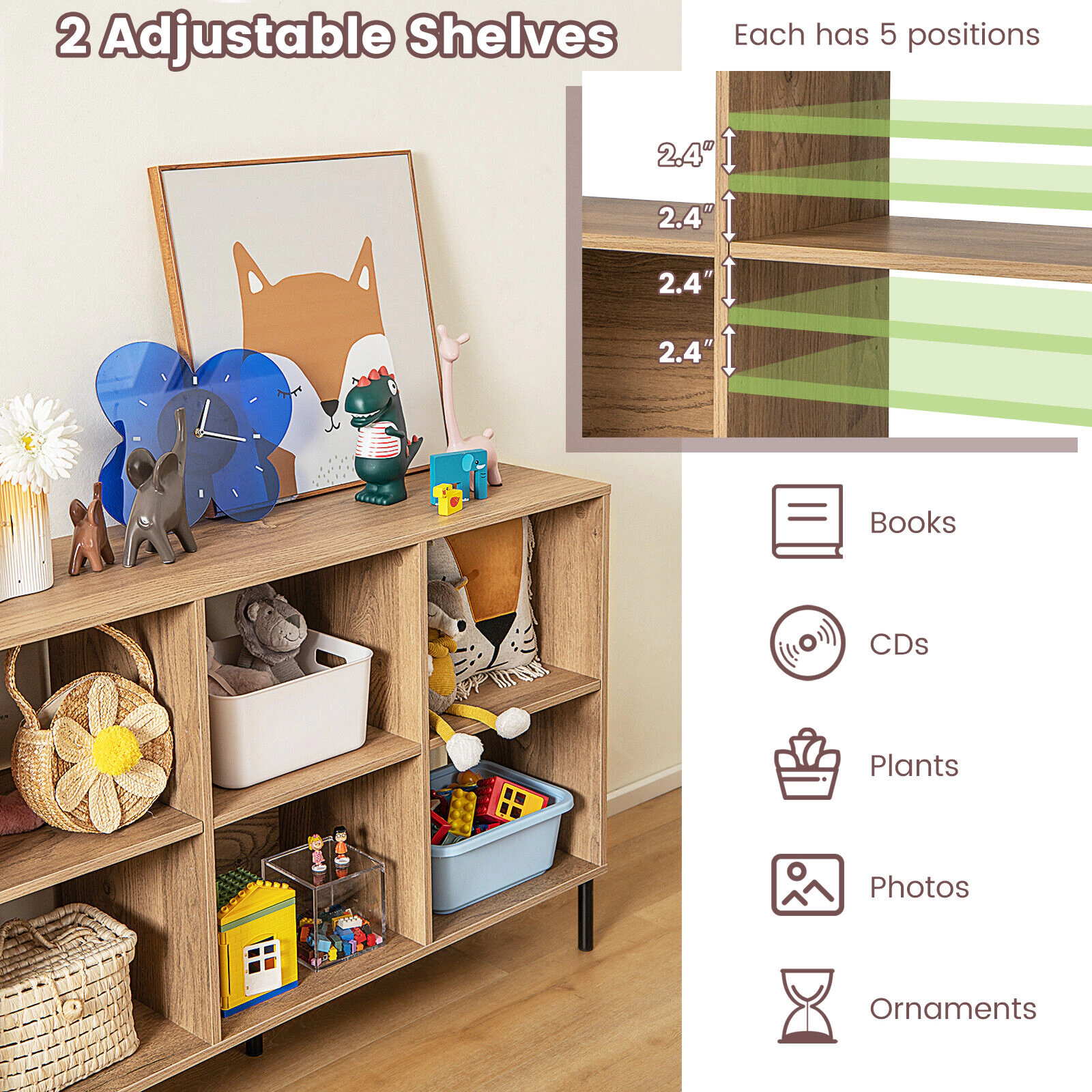 SUGIFT Natural Open-Back Bookshelf with Drawer 5 Metal Legs and 6 Cubes