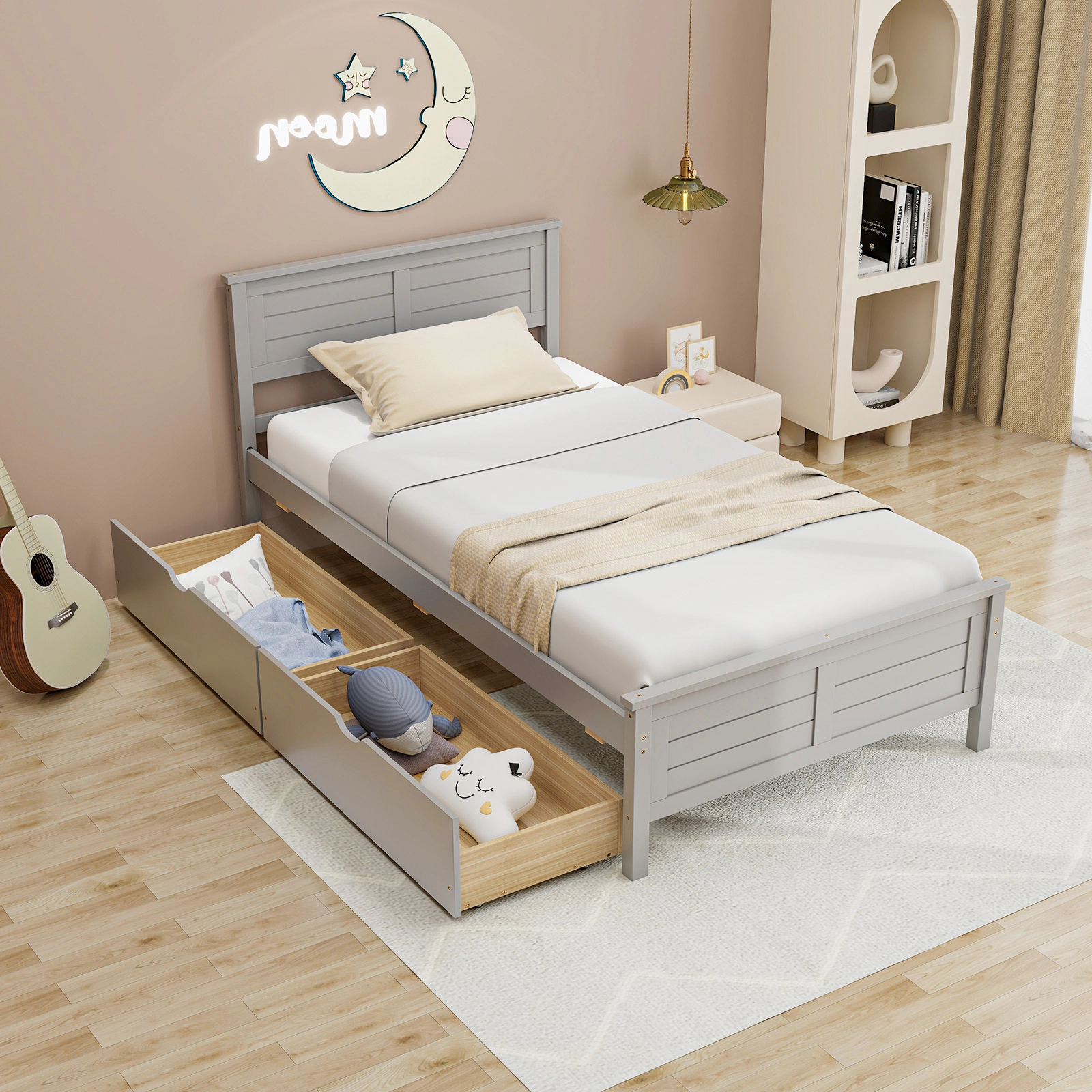 Twin Size Bed Frame with 2 Deep Storage Drawers Gray Wood Platform Bed with Headboard Footboard