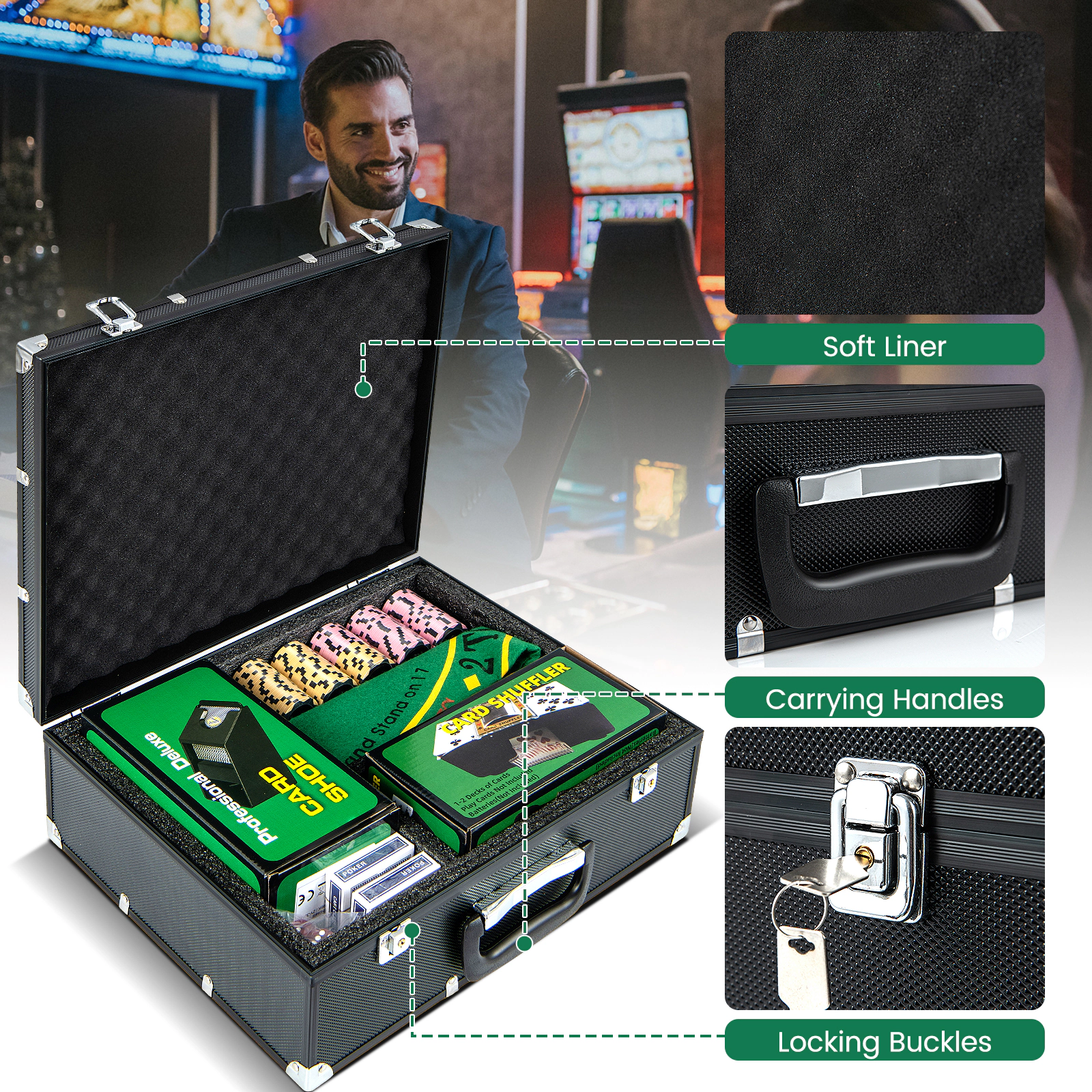 SUGIFT 14-Gram 300-Piece Poker Chip Set with Aluminum Case Card Shuffler Card Shoe 2 Decks and Poker Felt