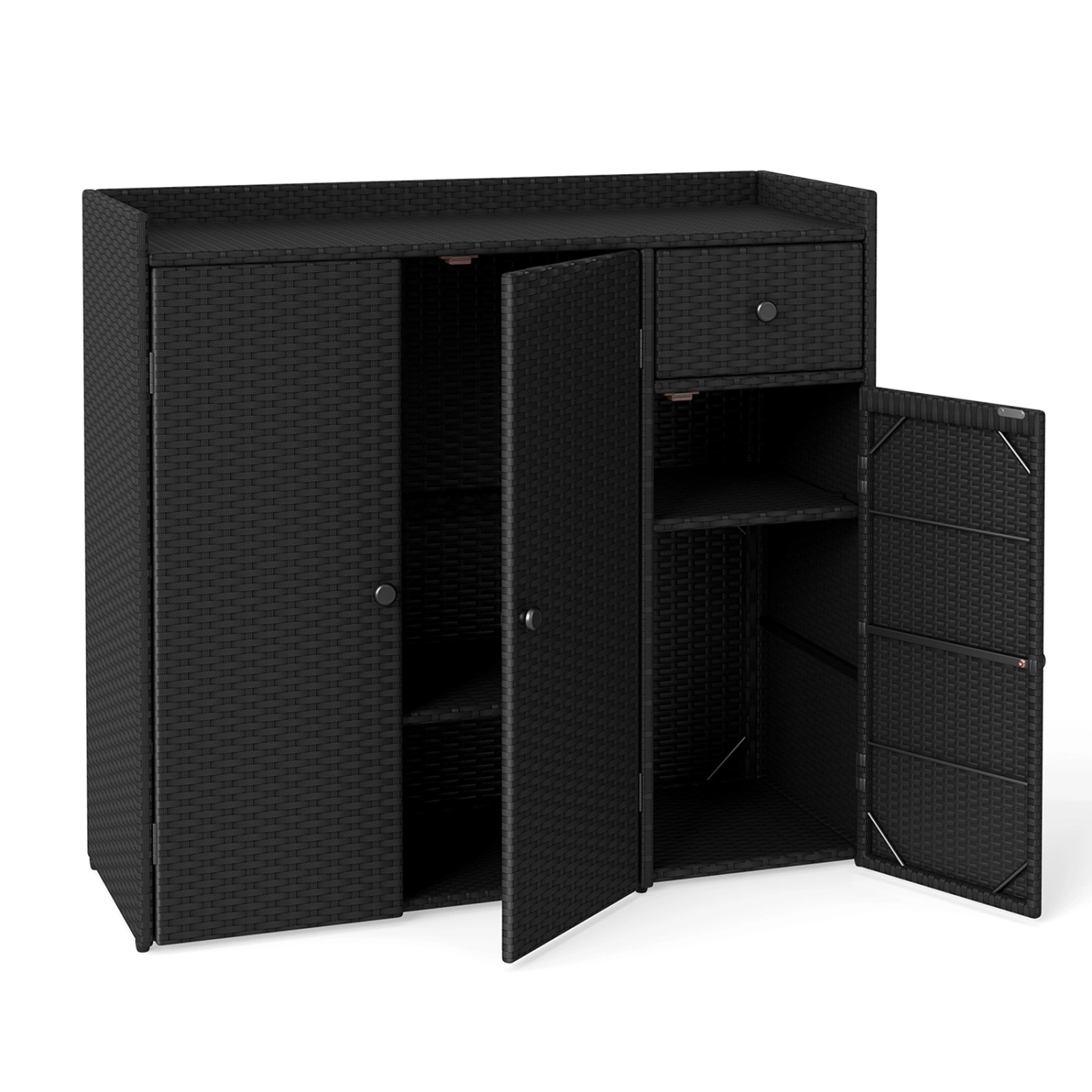 SUGIFT 3-Door Adjustable Shelves Drawer PE Wicker Outdoor Storage Cabinet 39-in x 15-in x 37-in 110-lb Countertop Black