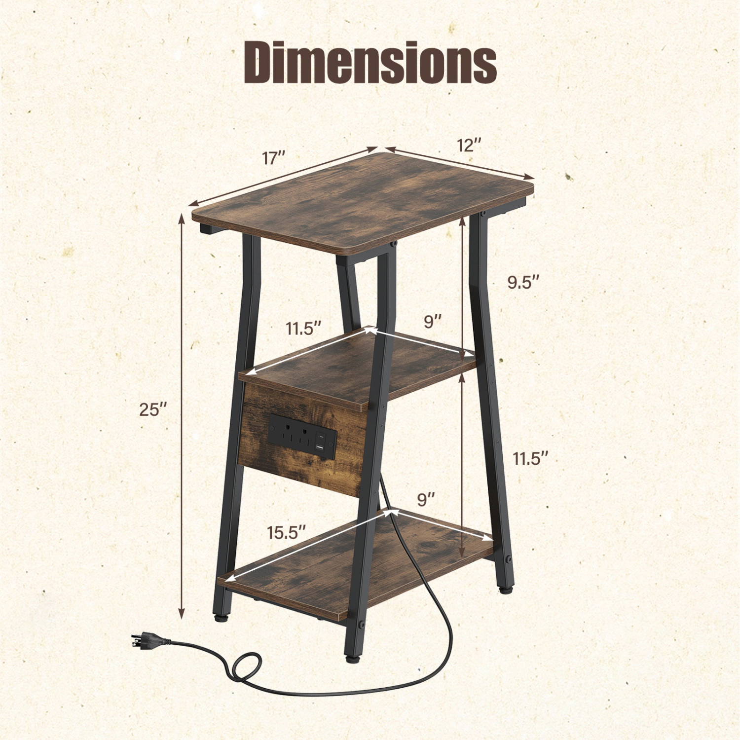 LJG Set of Industrial Side Tables with Charging Station & 3-Tier Shelves for Small Space