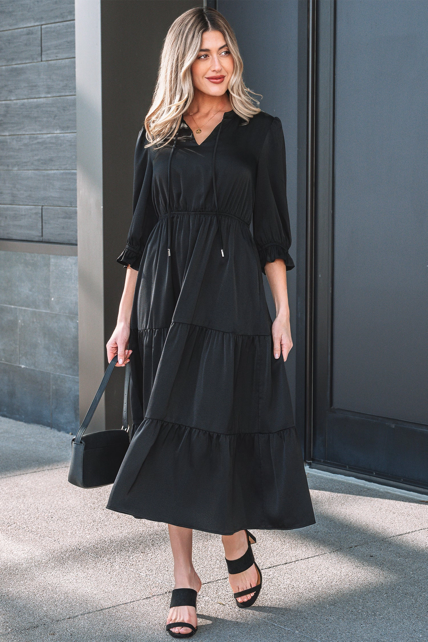 Threaded Pear Women's Natasha Sleeve Tiered Maxi Dress