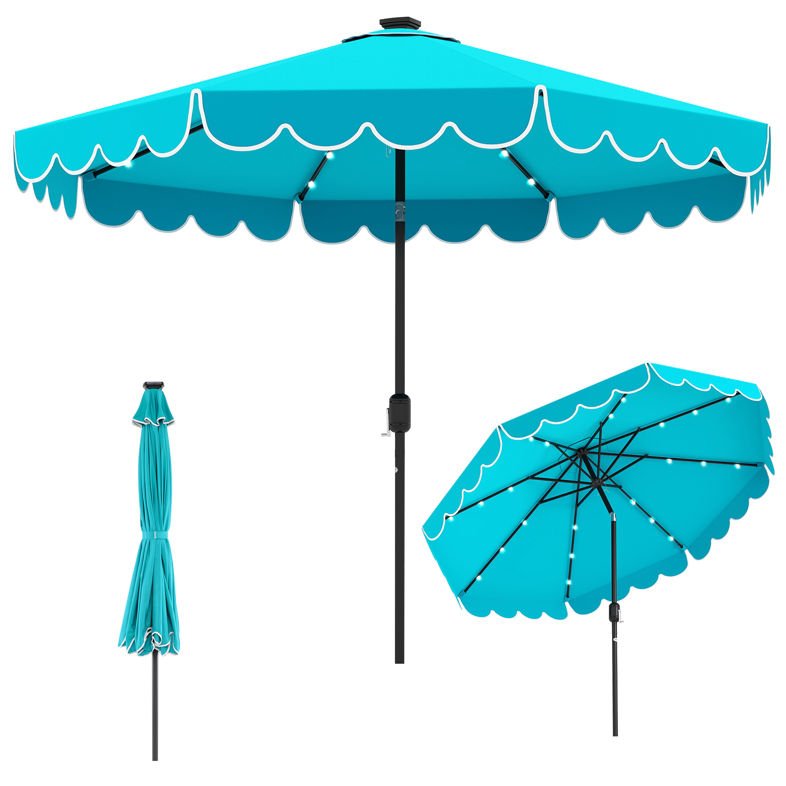 SUGIFT Turquoise 10 ft Solar Patio Umbrella with 24 Cool-White LED Lights