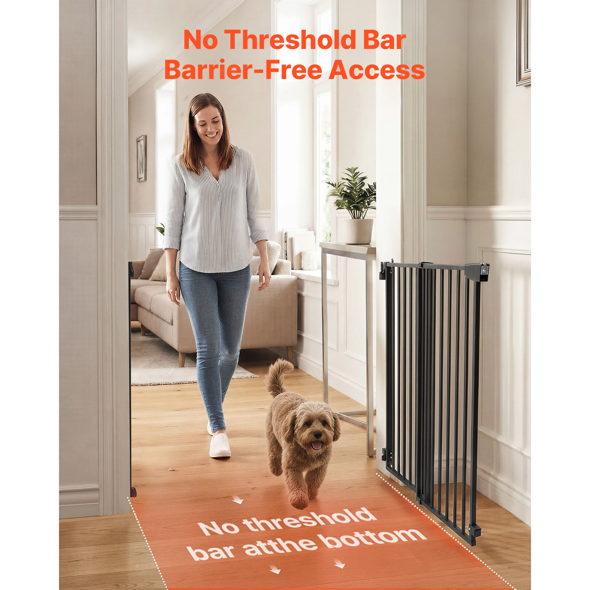 HONGGE Baby Gate for Stairs Adjustable Width Dog No Bottom Bar One-Handed Operation Easy Drilling Installation