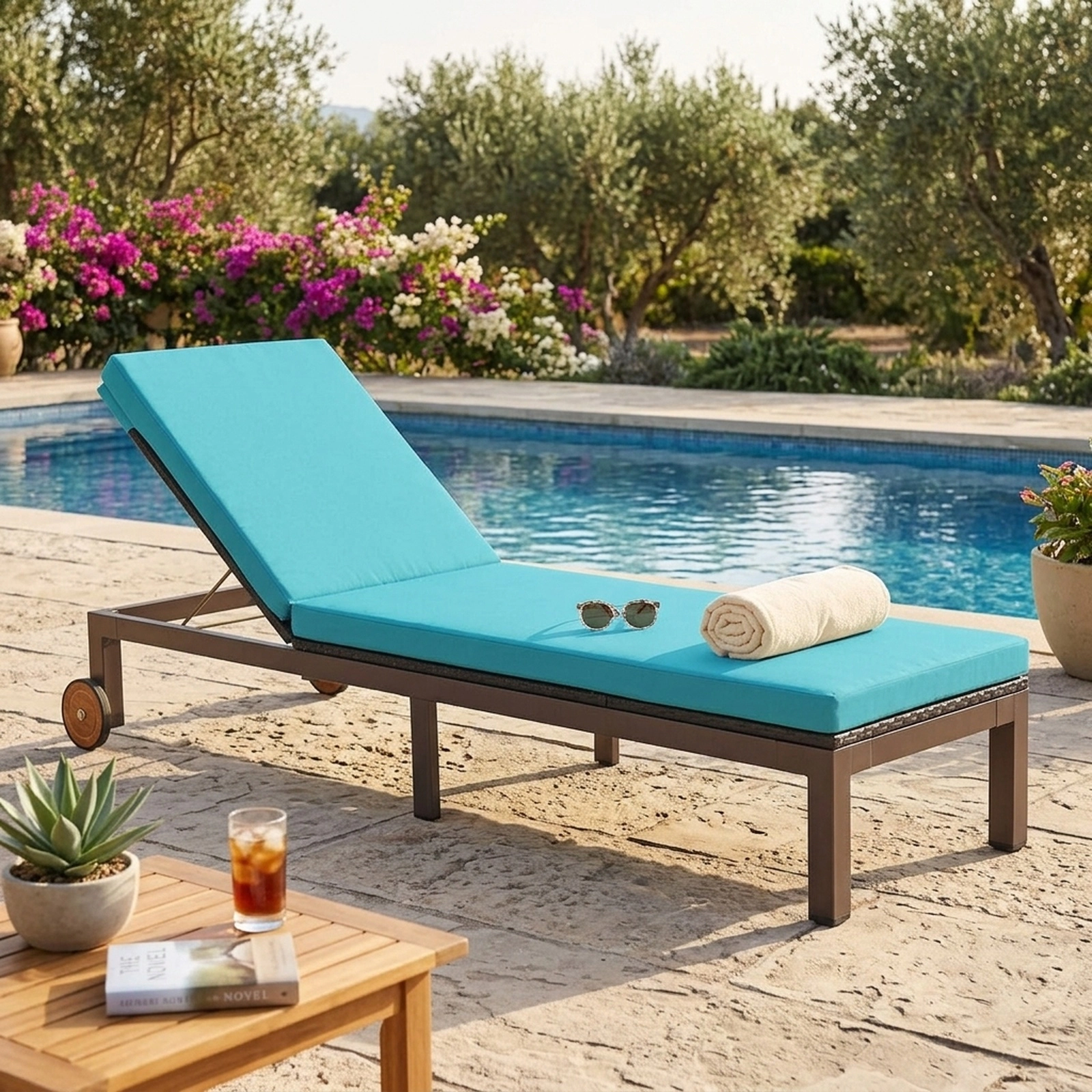 SUGIFT Turquoise Outdoor Rattan Chaise Lounge with 5-Position Backrest