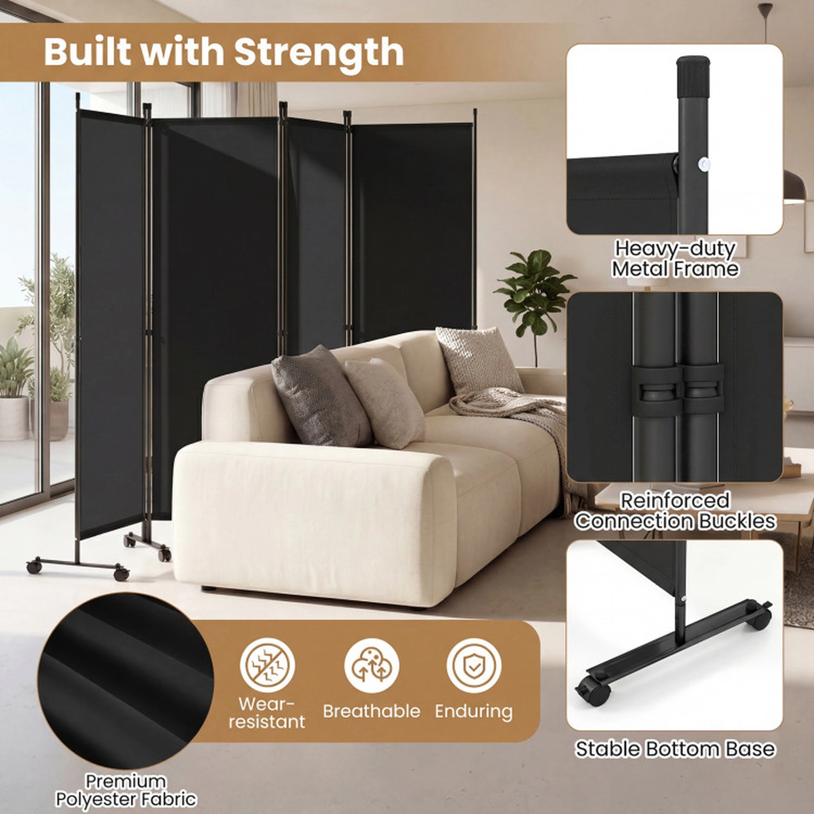 SUGIFT Black 4-Panel 87-in Wide Folding Room Divider Privacy Screen with 10 Lockable Universal Wheels