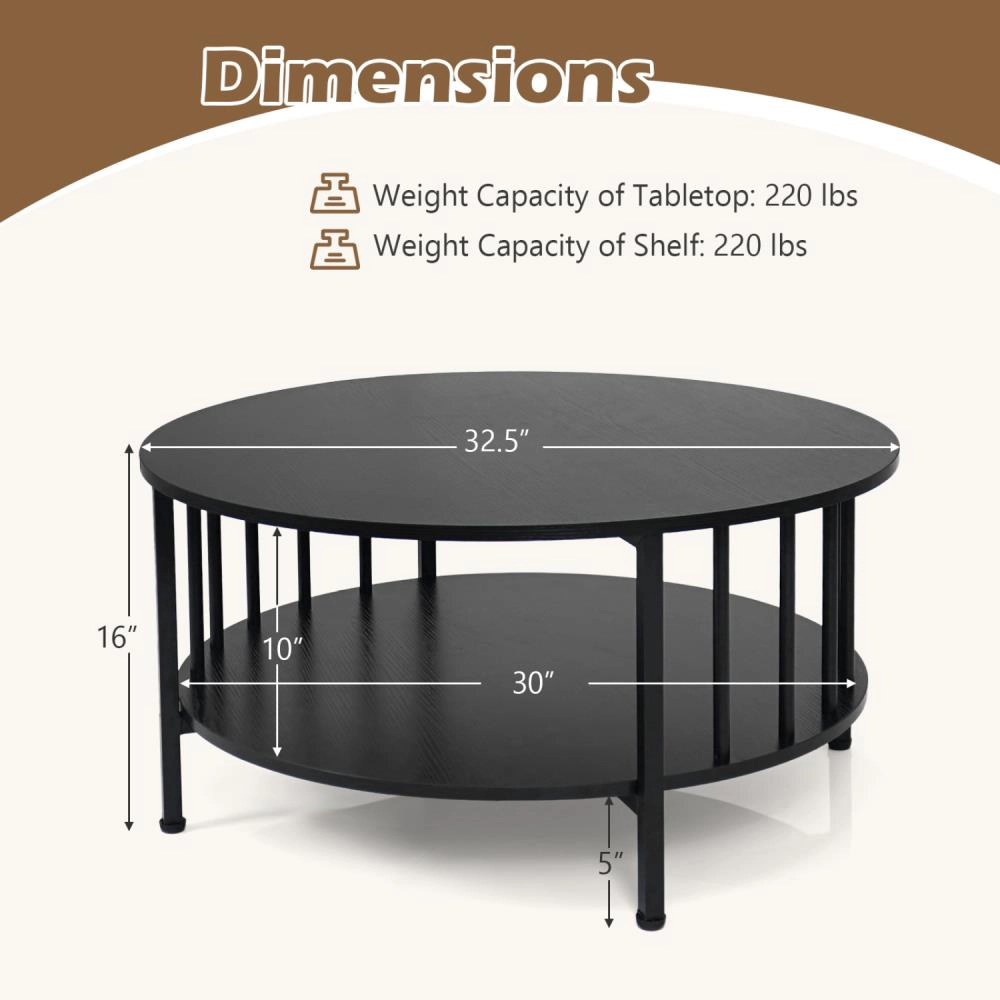 Hivvago 2-Tier Round Coffee Table With Storage Shelf And Metal Accents