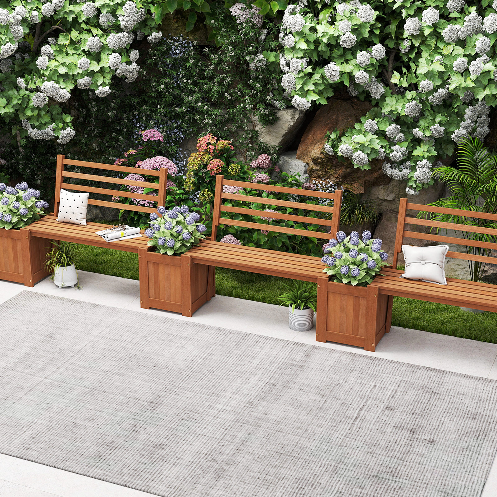 LJG Wood Planter Box with Bench and Backrest for Garden Yard Balcony
