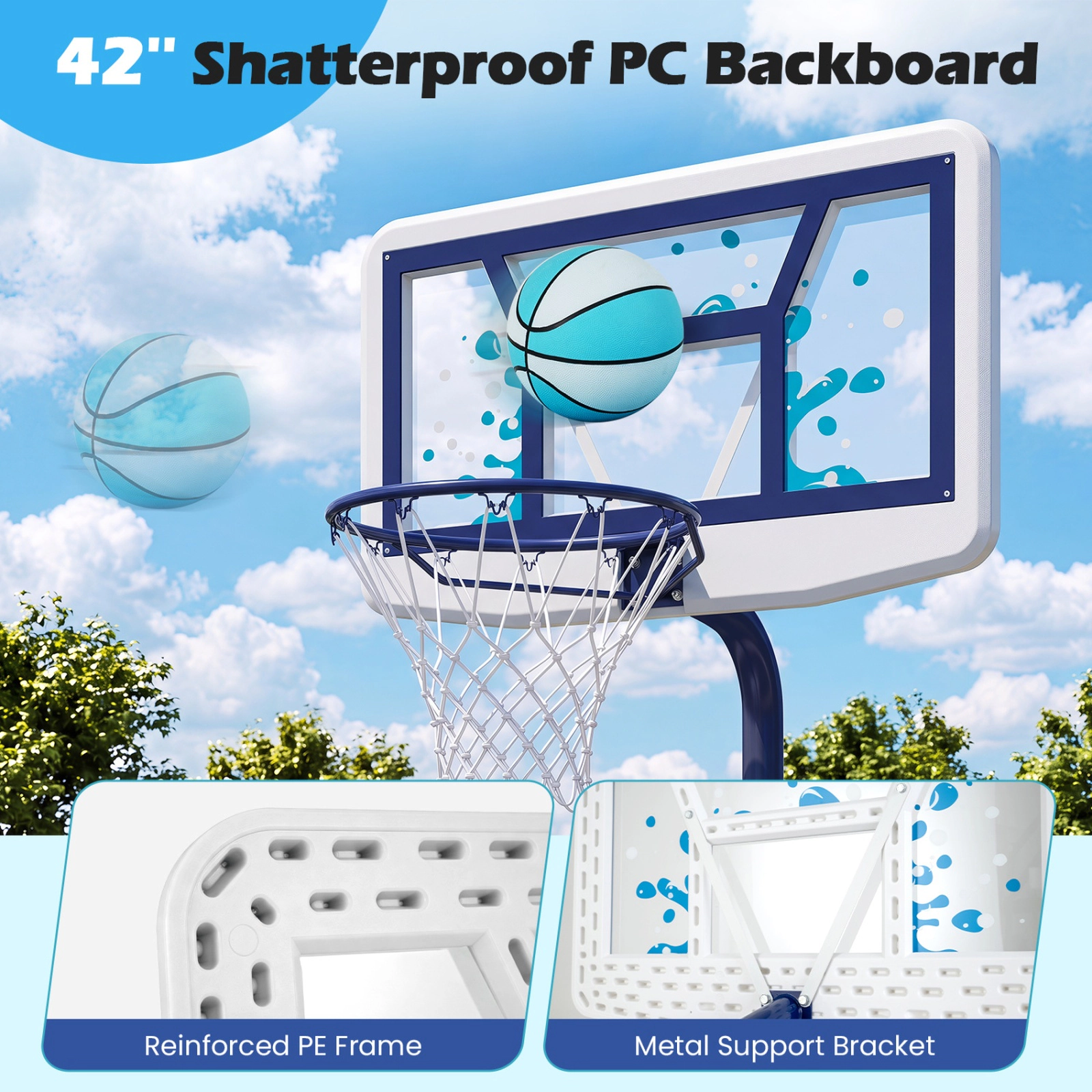 SUGIFT Kids Navy Pool Basketball Hoop Set with Shatterproof PC Backboard and 2 Balls 18-in Rim Dia 5-ft H