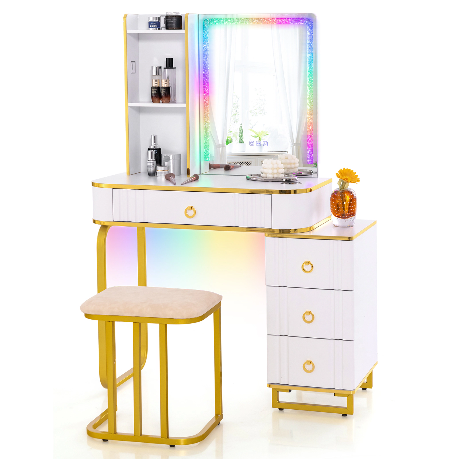 SUGIFT White Vanity Table Set with RGB LED Mirror, Wireless Charging and Stool
